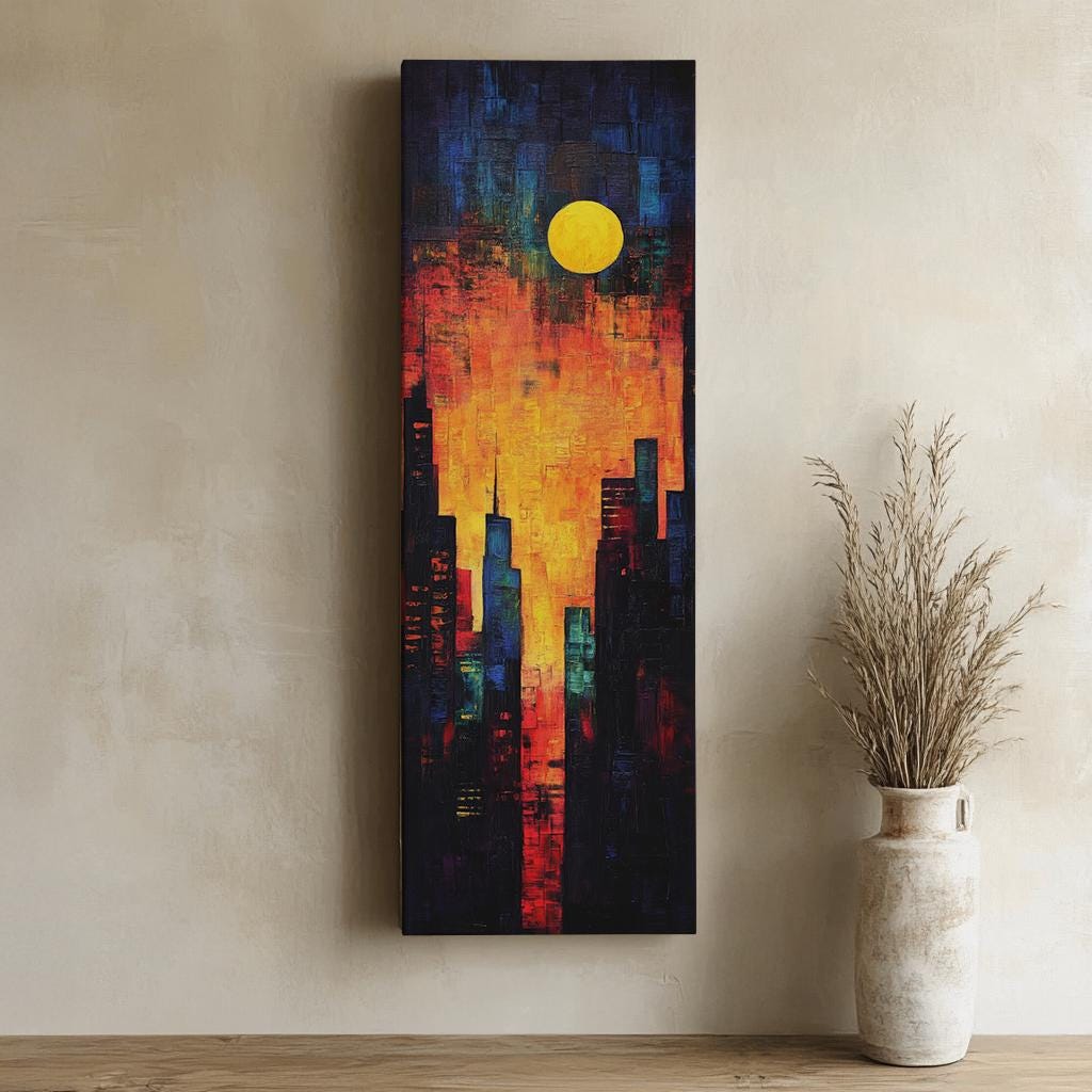 Urban Sunset Canvas Art | Impasto Palette Knife Print | Mid Century Modern Wall Art For Living Room Long Vertical Art