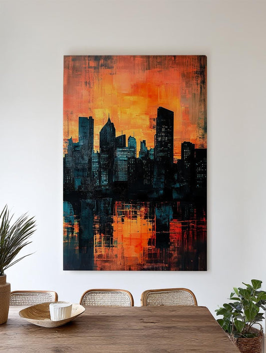 Urban Sunset Canvas Art | Impasto Cityscape Print | Contemporary Wall Art For Living Room | Burnt Orange Teal Art Vertical Canvas