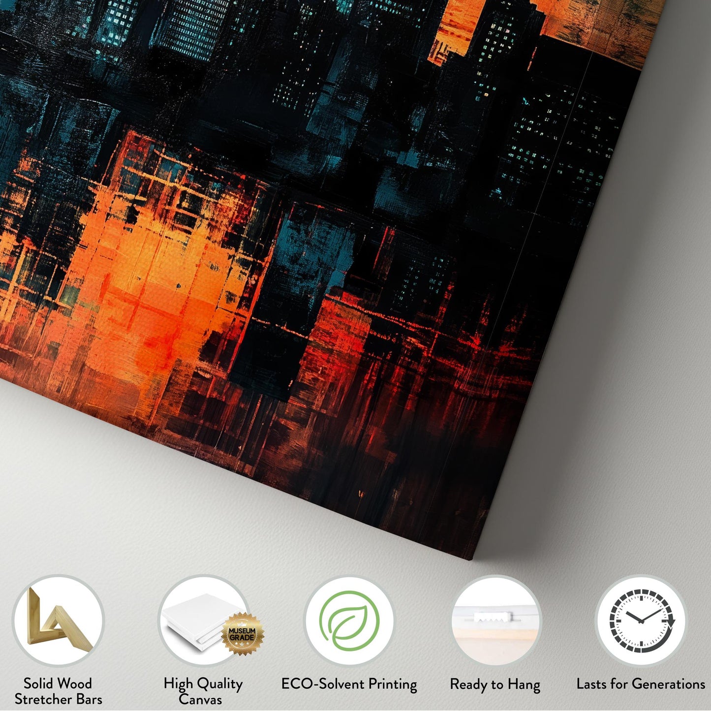 Urban Sunset Canvas Art | Impasto Cityscape Print | Contemporary Wall Art For Living Room | Burnt Orange Teal Art Vertical Canvas