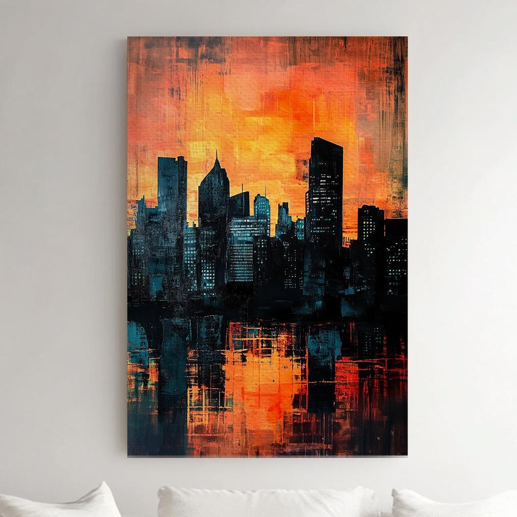 Urban Sunset Canvas Art | Impasto Cityscape Print | Contemporary Wall Art For Living Room | Burnt Orange Teal Art Vertical Canvas