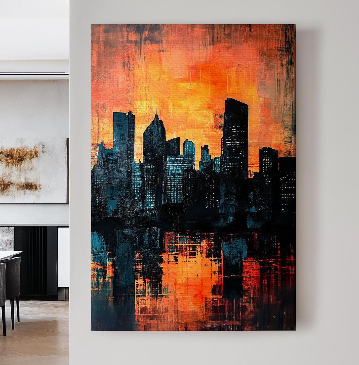 Urban Sunset Canvas Art | Impasto Cityscape Print | Contemporary Wall Art For Living Room | Burnt Orange Teal Art Vertical Canvas