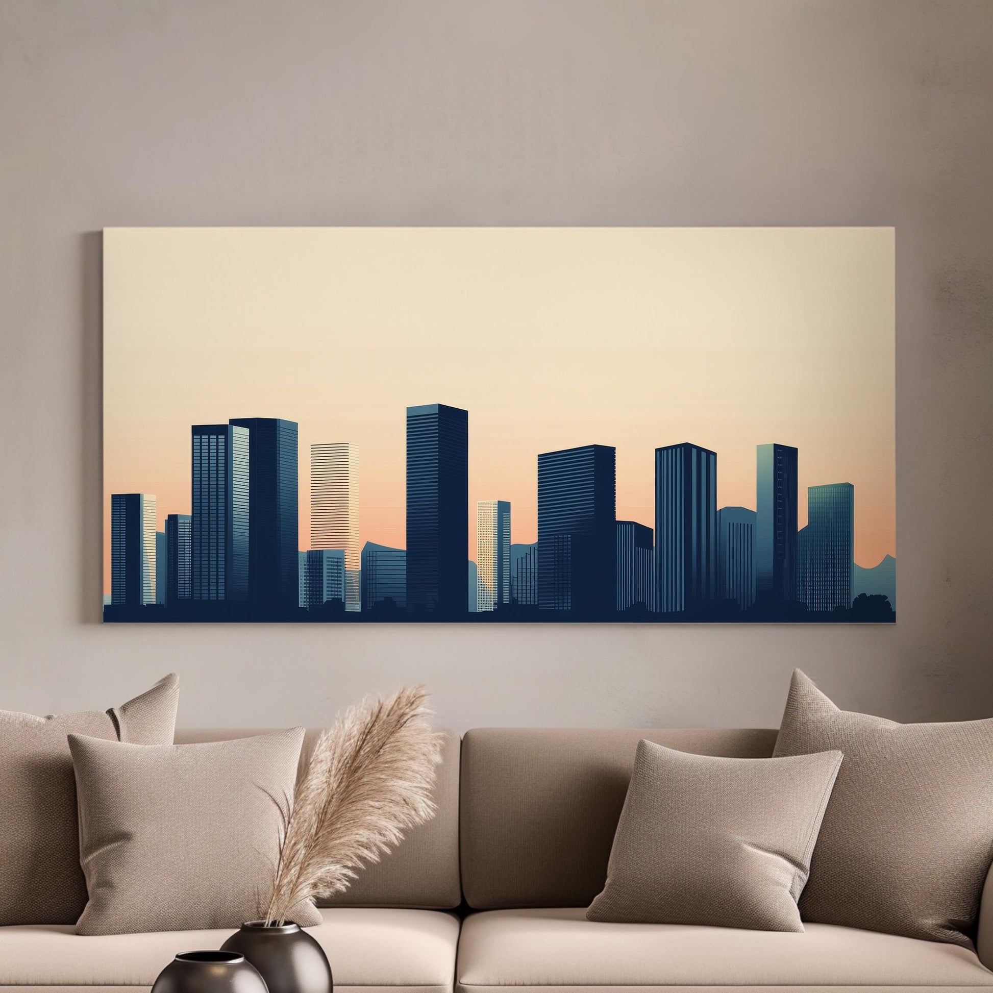 Urban Skyline Canvas Art | Minimalist Geometric Print | Contemporary Wall Art For Living Room | Warm Sunset Hues Art Horizontal Art