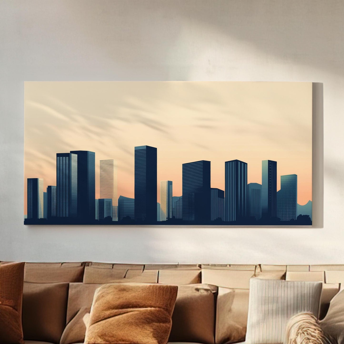 Urban Skyline Canvas Art | Minimalist Geometric Print | Contemporary Wall Art For Living Room | Warm Sunset Hues Art Horizontal Art