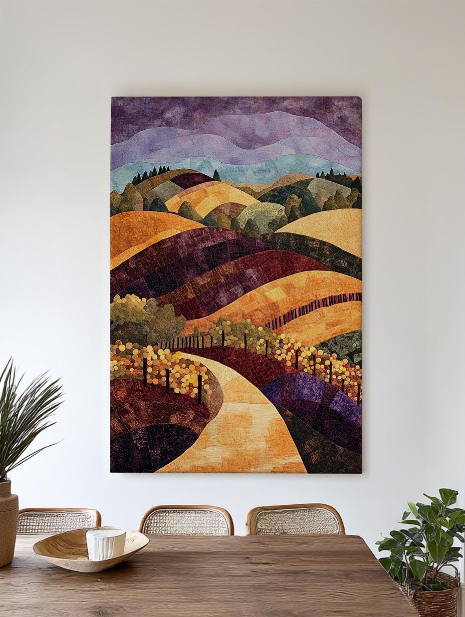 Tuscan Vineyard Canvas Art | Patchwork Textile Print | Modern Farmhouse Wall Art For Living Room | Harvest Gold Art Vertical Canvas