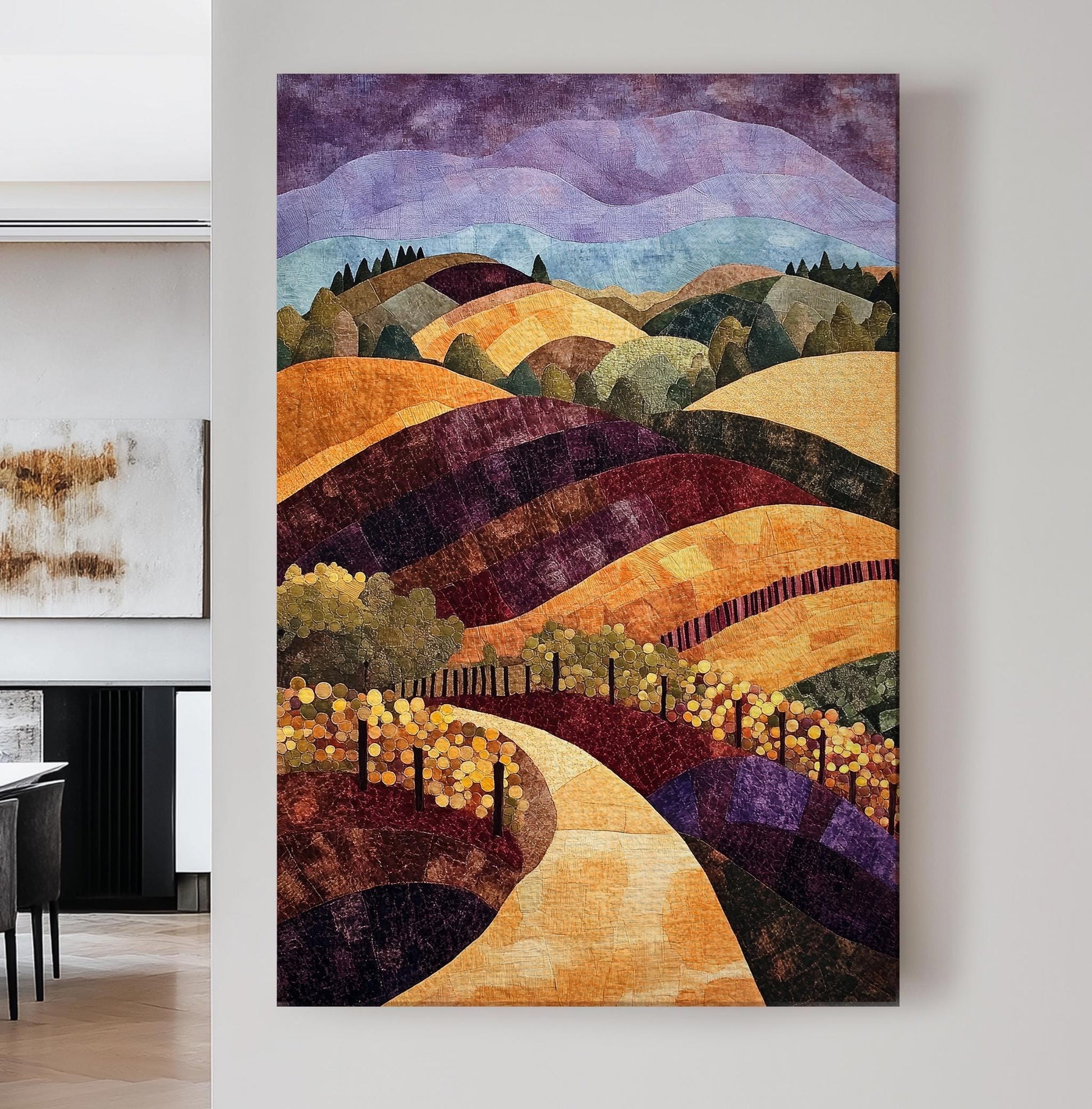 Tuscan Vineyard Canvas Art | Patchwork Textile Print | Modern Farmhouse Wall Art For Living Room | Harvest Gold Art Vertical Canvas