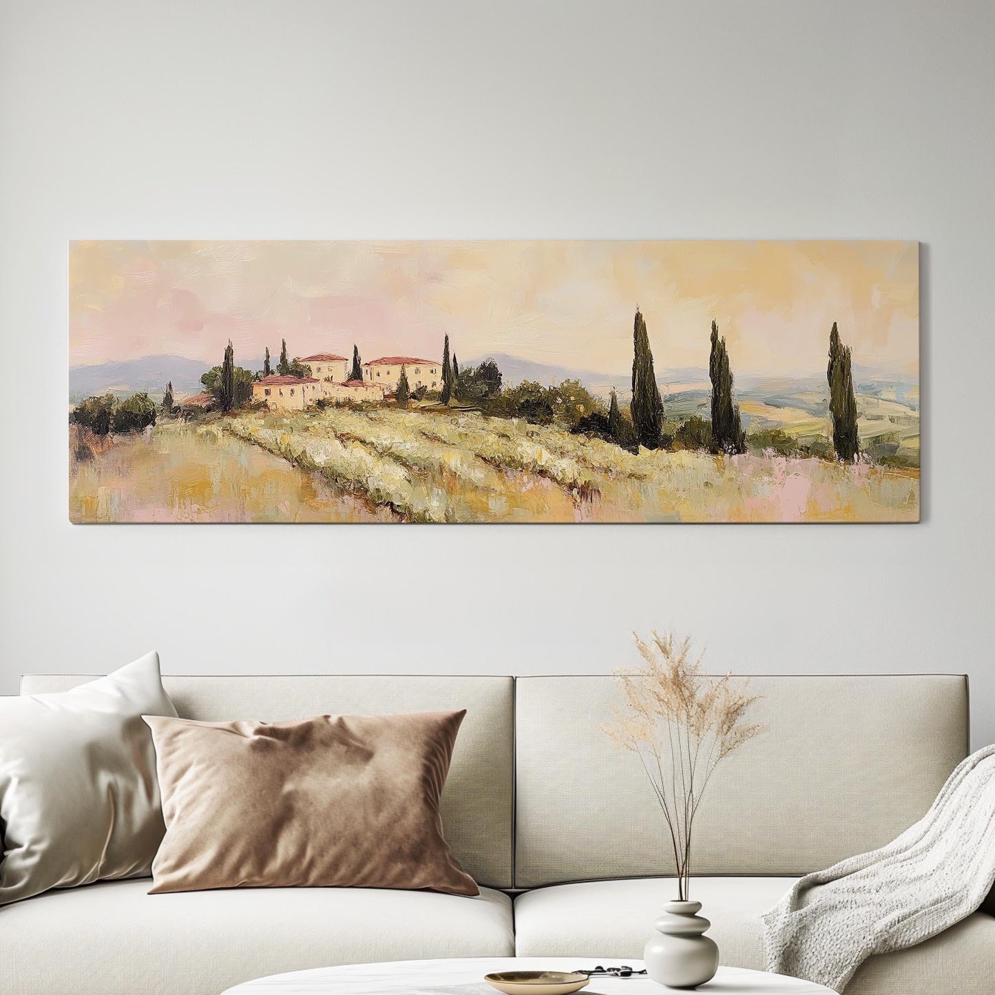 Tuscan Villa Sunset Canvas Art | Impasto Oil Print | Transitional Wall Art For Living Room | Blush Pink Olive Grove Art Panoramic Wall Art