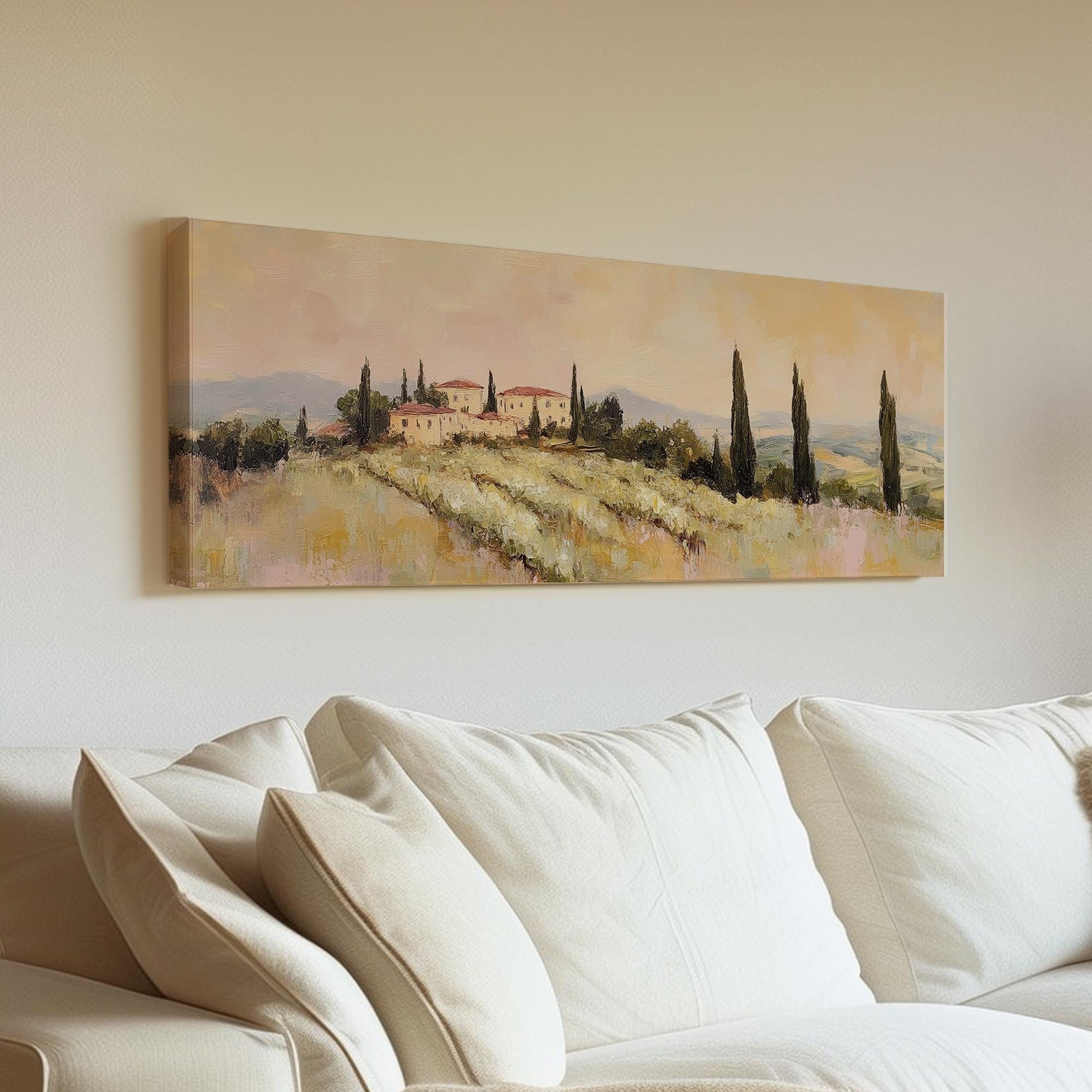 Tuscan Villa Sunset Canvas Art | Impasto Oil Print | Transitional Wall Art For Living Room | Blush Pink Olive Grove Art Panoramic Wall Art