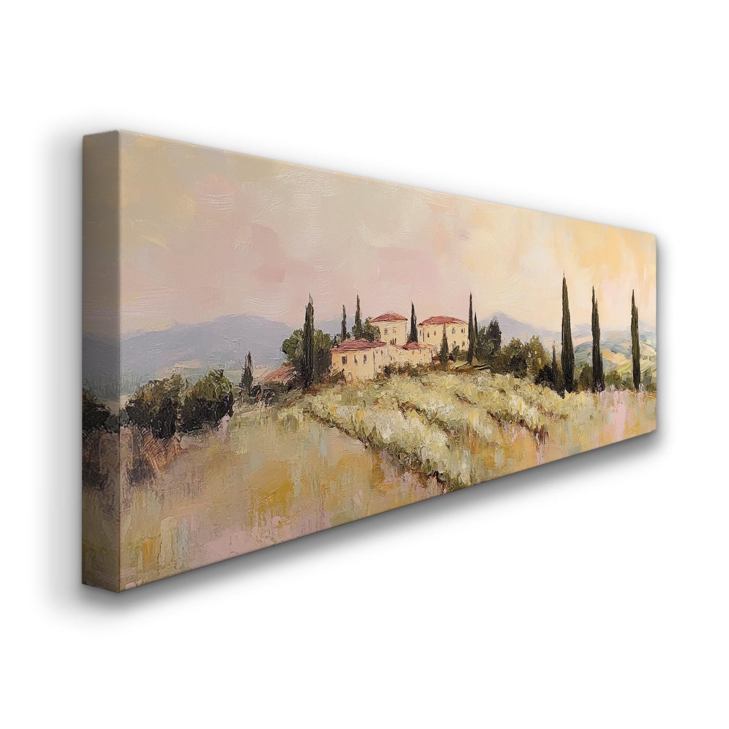 Tuscan Villa Sunset Canvas Art | Impasto Oil Print | Transitional Wall Art For Living Room | Blush Pink Olive Grove Art Panoramic Wall Art
