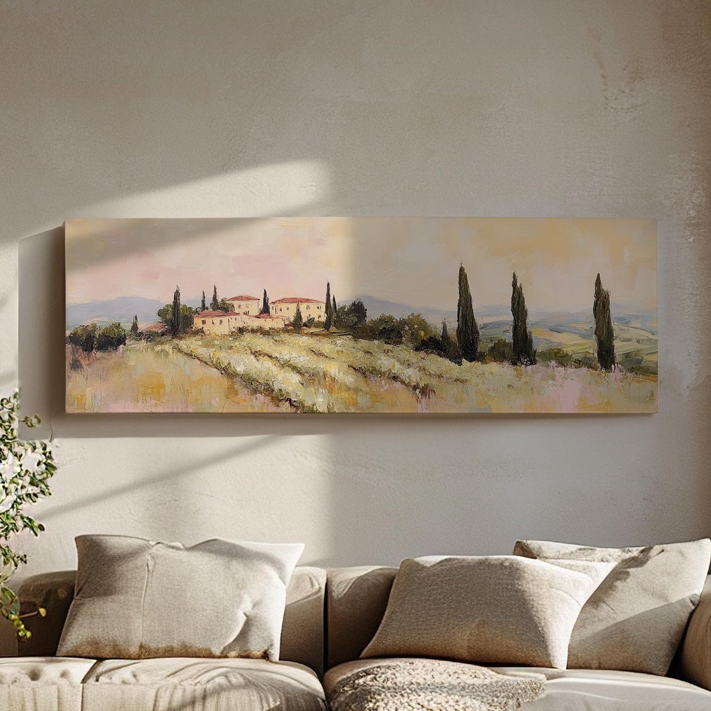 Tuscan Villa Sunset Canvas Art | Impasto Oil Print | Transitional Wall Art For Living Room | Blush Pink Olive Grove Art Panoramic Wall Art