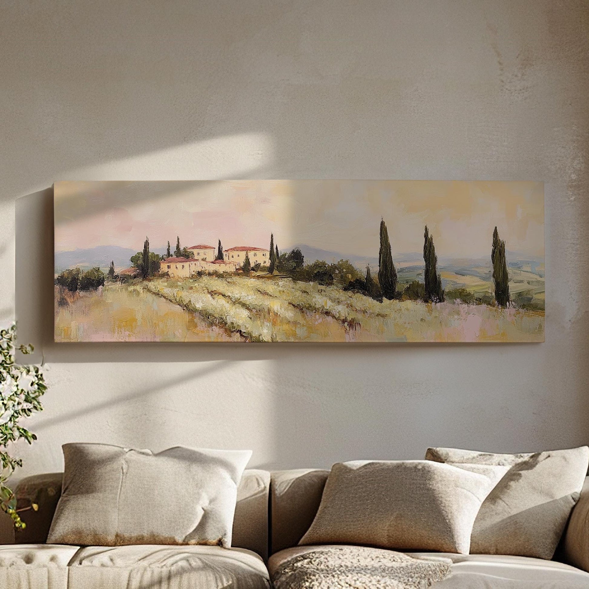 Tuscan Villa Sunset Canvas Art | Impasto Oil Print | Transitional Wall Art For Living Room | Blush Pink Olive Grove Art Panoramic Wall Art