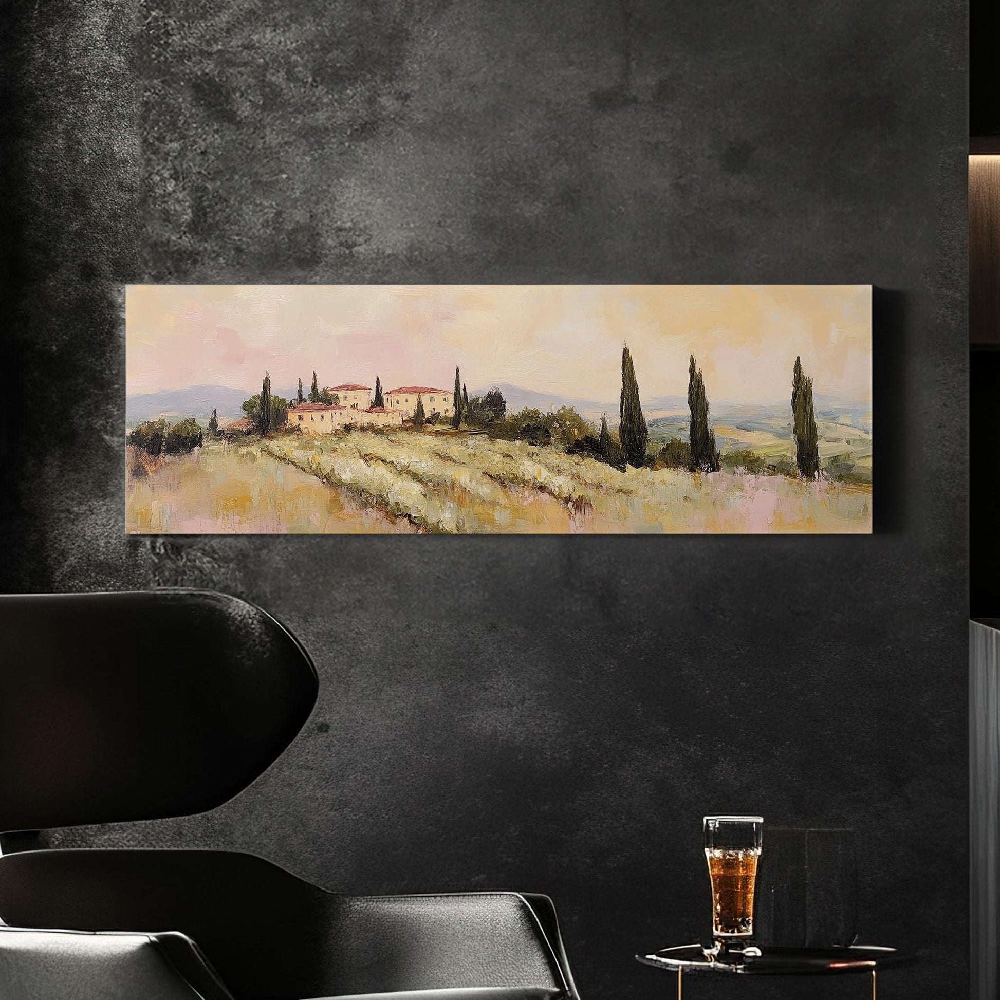 Tuscan Villa Sunset Canvas Art | Impasto Oil Print | Transitional Wall Art For Living Room | Blush Pink Olive Grove Art Panoramic Wall Art