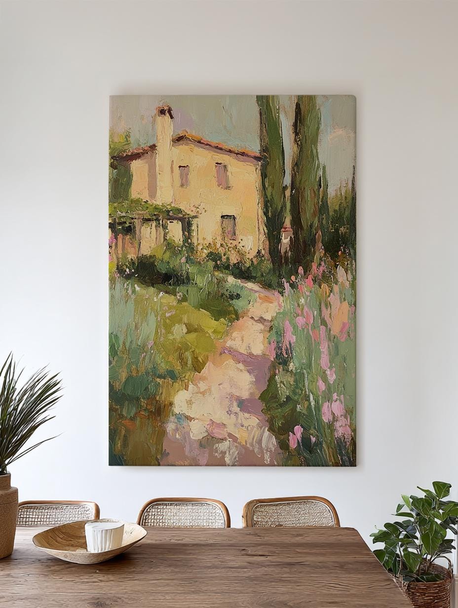 Tuscan Villa Garden Path Canvas Art | Impasto Impressionism Print | Hamptons Style Wall Art For Living Room Vertical Canvas
