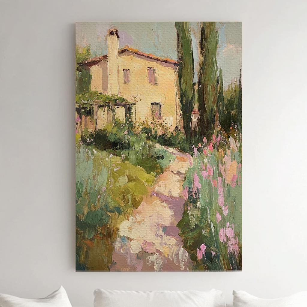 Tuscan Villa Garden Path Canvas Art | Impasto Impressionism Print | Hamptons Style Wall Art For Living Room Vertical Canvas