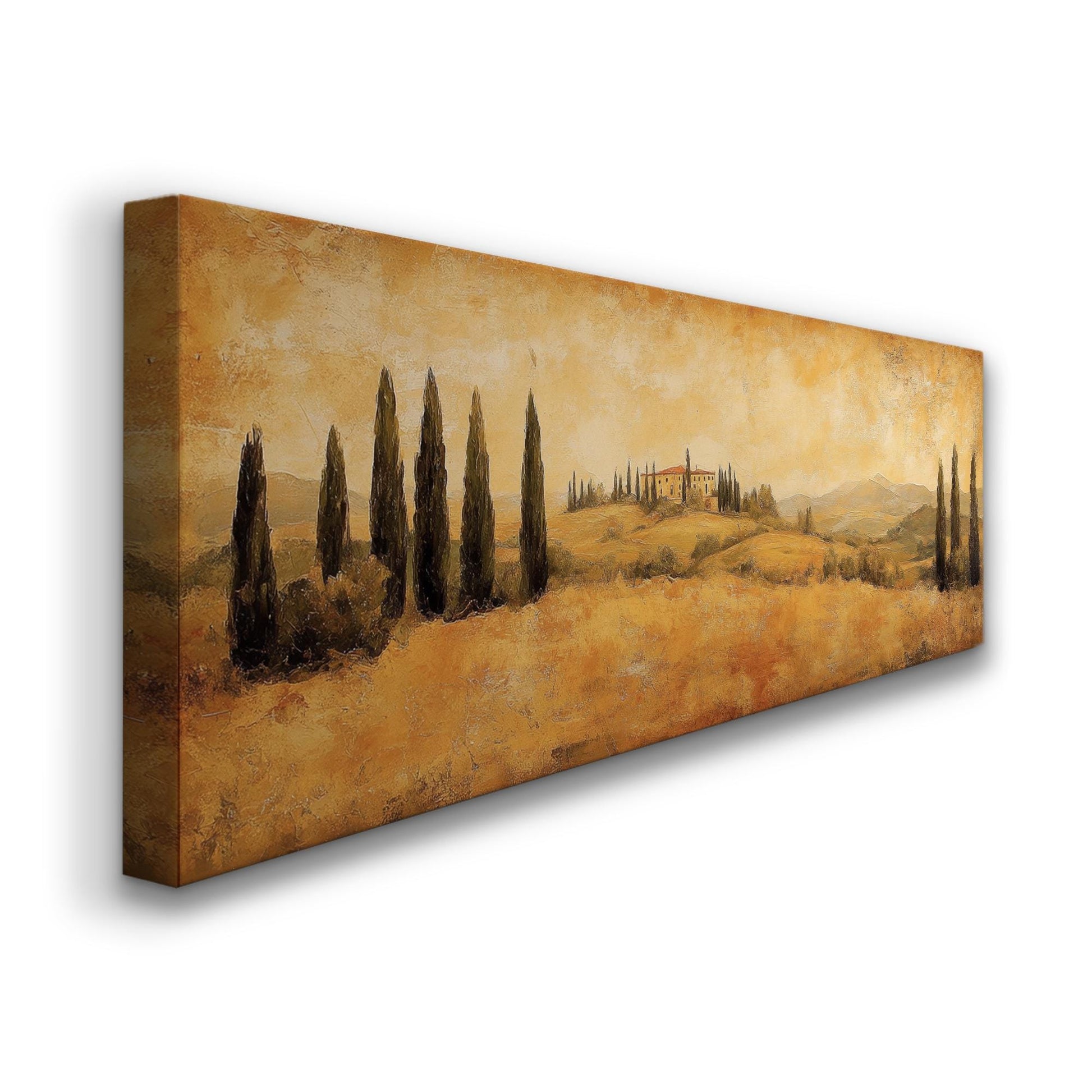 Tuscan Villa Canvas Art | Impasto Painting Print | Transitional Wall Art For Living Room | Golden Hour Art Panoramic Wall Art