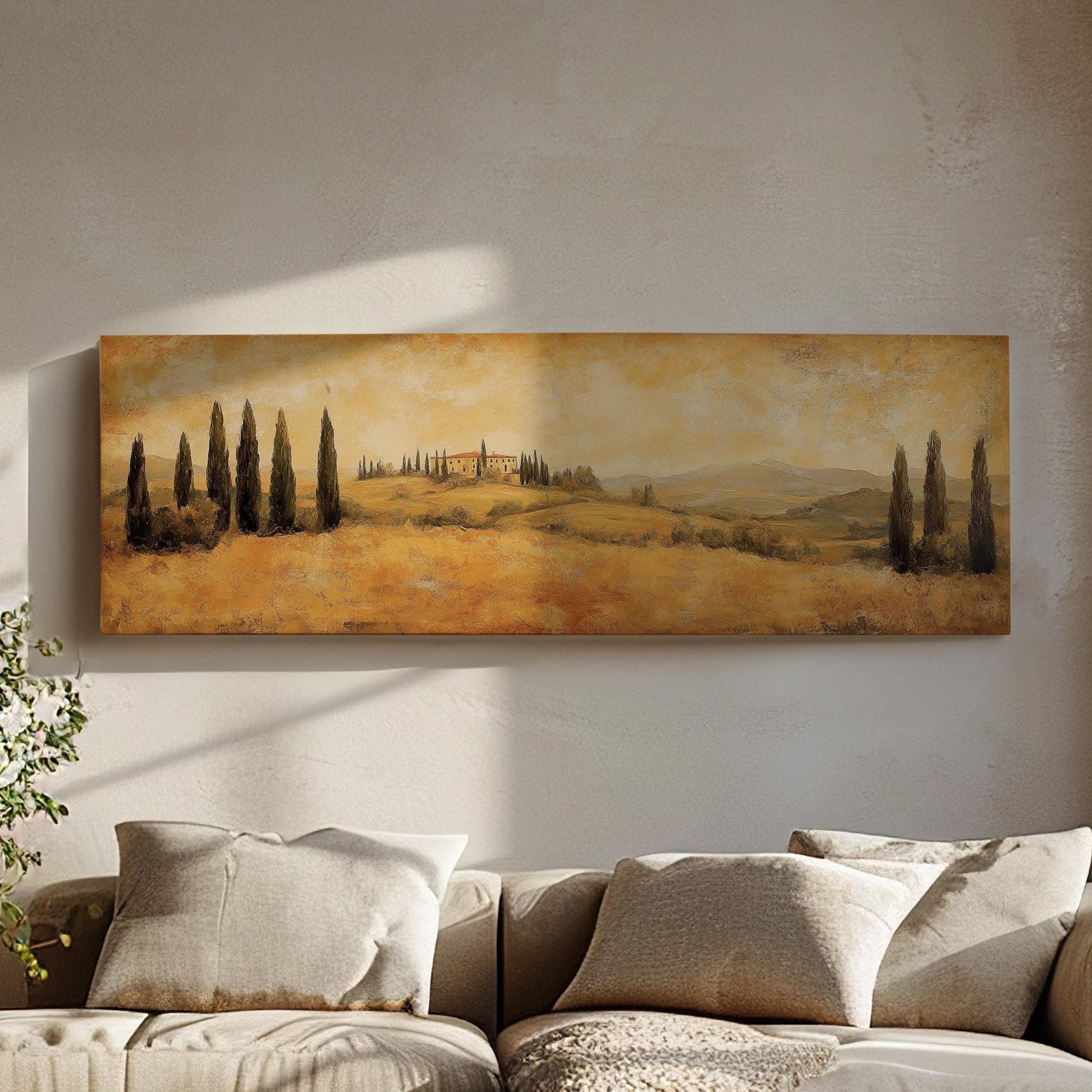 Tuscan Villa Canvas Art | Impasto Painting Print | Transitional Wall Art For Living Room | Golden Hour Art Panoramic Wall Art