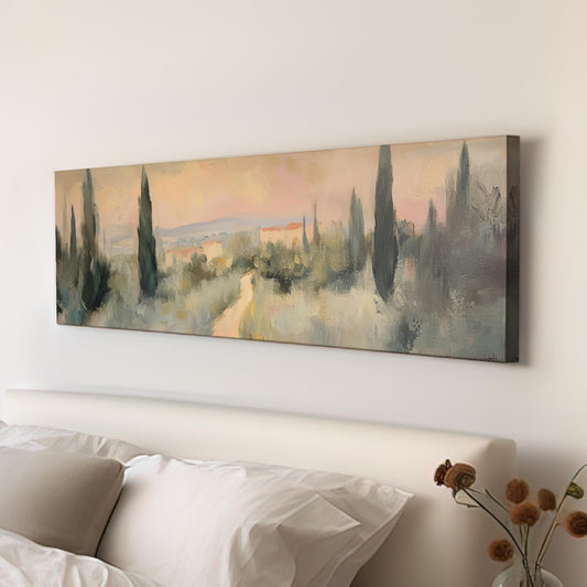 Tuscan Sunset Path Canvas Art | Impasto Impressionism Print | Tranquil Minimalist Wall Art For Living Room Panoramic Wall Art
