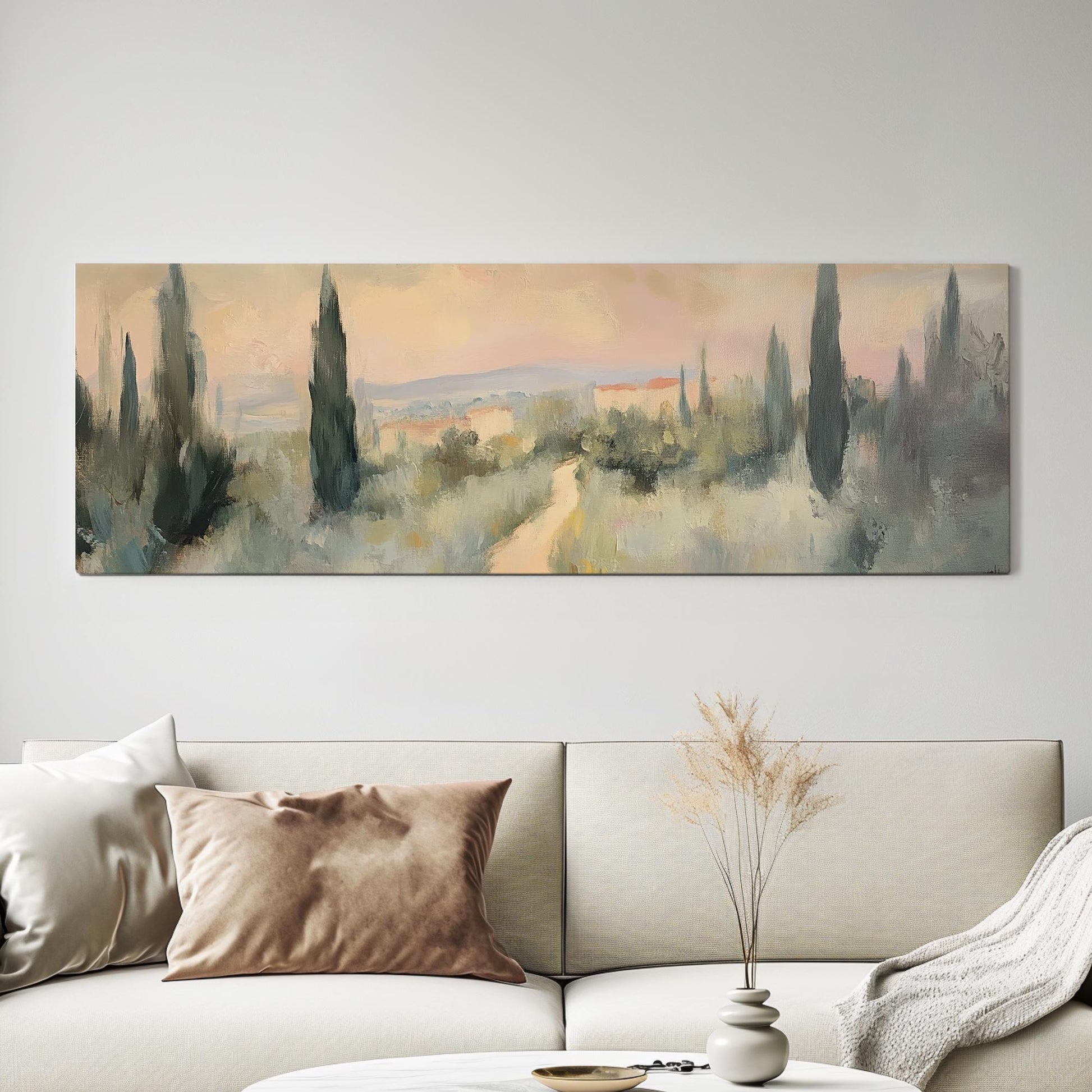 Tuscan Sunset Path Canvas Art | Impasto Impressionism Print | Tranquil Minimalist Wall Art For Living Room Panoramic Wall Art