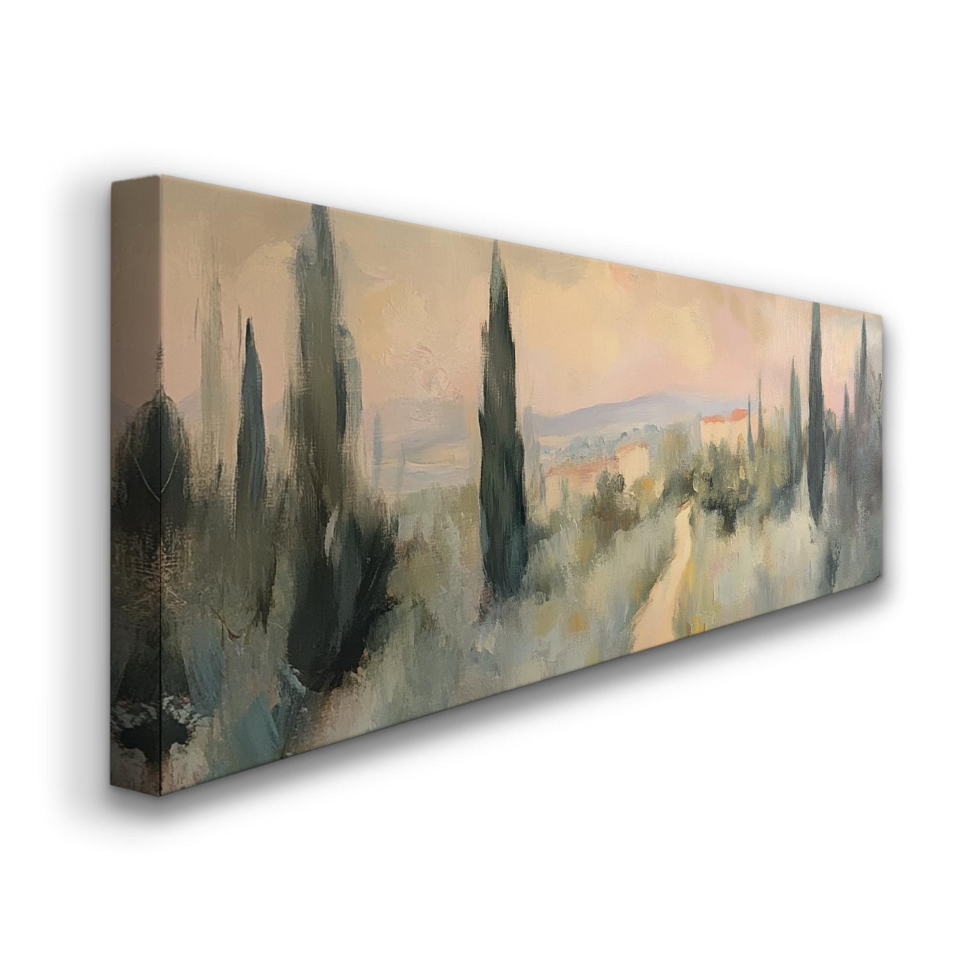 Tuscan Sunset Path Canvas Art | Impasto Impressionism Print | Tranquil Minimalist Wall Art For Living Room Panoramic Wall Art
