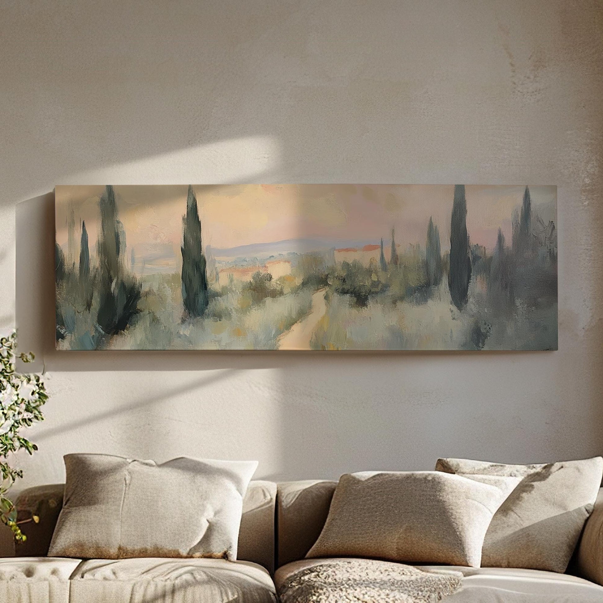 Tuscan Sunset Path Canvas Art | Impasto Impressionism Print | Tranquil Minimalist Wall Art For Living Room Panoramic Wall Art