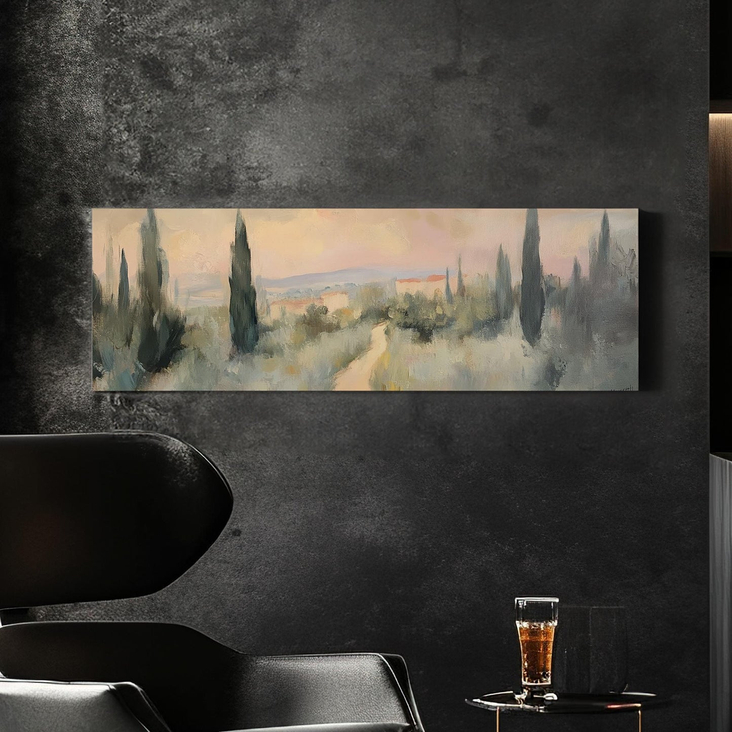Tuscan Sunset Path Canvas Art | Impasto Impressionism Print | Tranquil Minimalist Wall Art For Living Room Panoramic Wall Art