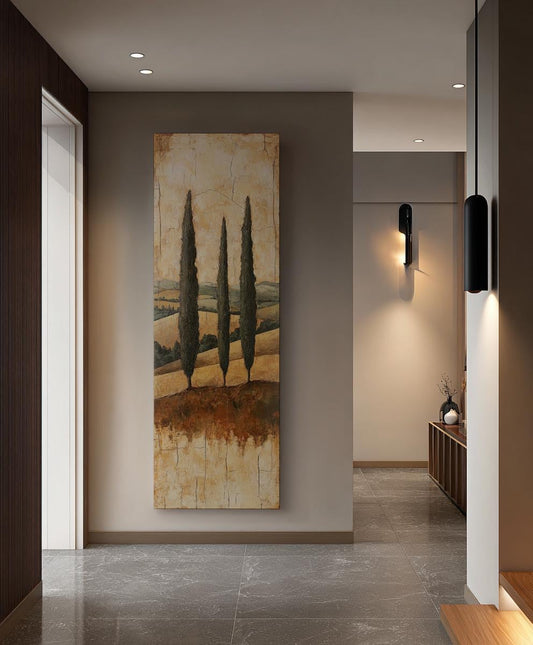 Tuscan Cypress Trees Canvas Art | Impasto Print | Transitional Wall Art For Living Room | Warm Sienna Art Long Vertical Art