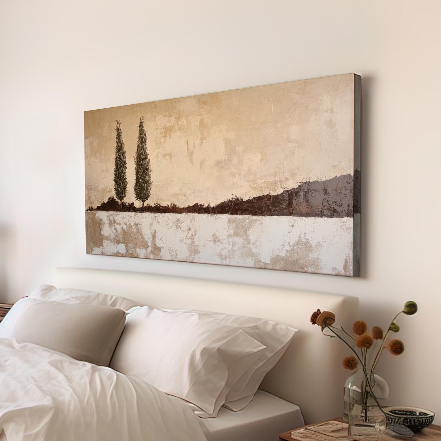 Tuscan Cypress Trees Canvas Art | Impasto Print | Minimalist Wall Art For Living Room | Greige Espresso Art Horizontal Art
