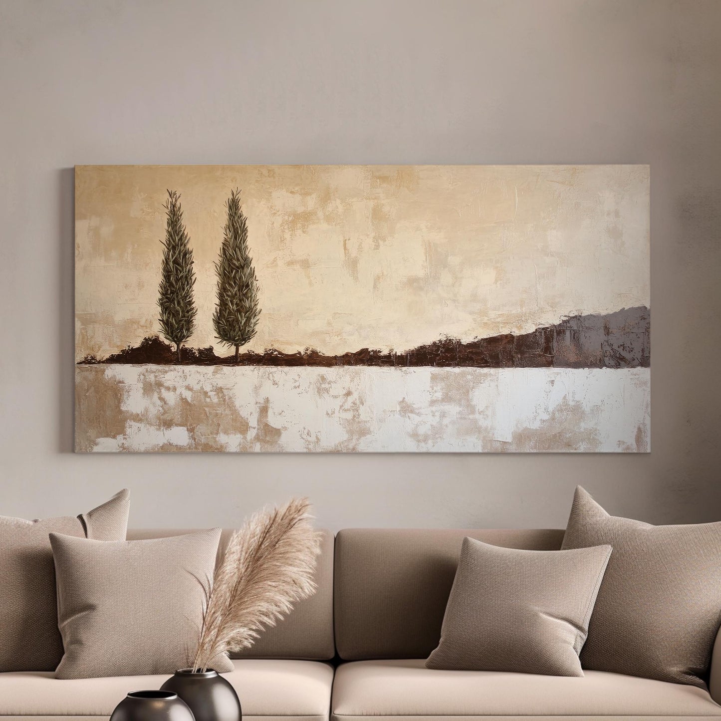 Tuscan Cypress Trees Canvas Art | Impasto Print | Minimalist Wall Art For Living Room | Greige Espresso Art Horizontal Art