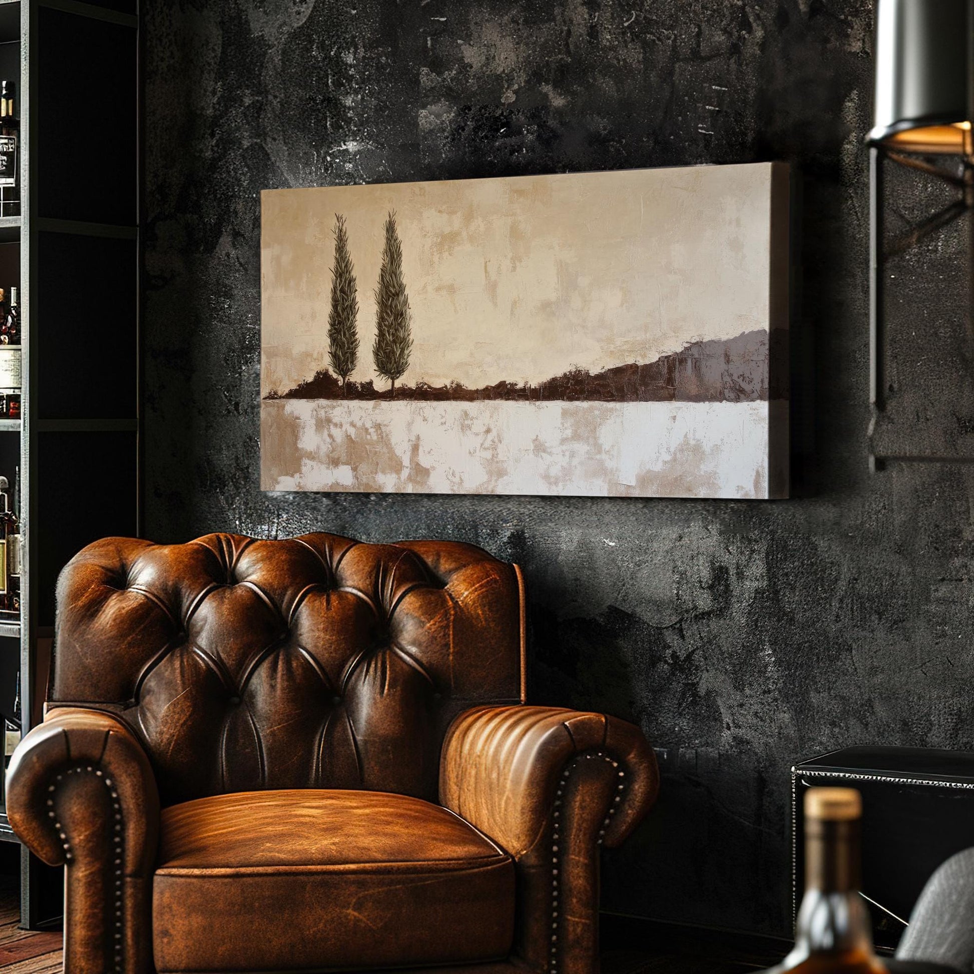 Tuscan Cypress Trees Canvas Art | Impasto Print | Minimalist Wall Art For Living Room | Greige Espresso Art Horizontal Art