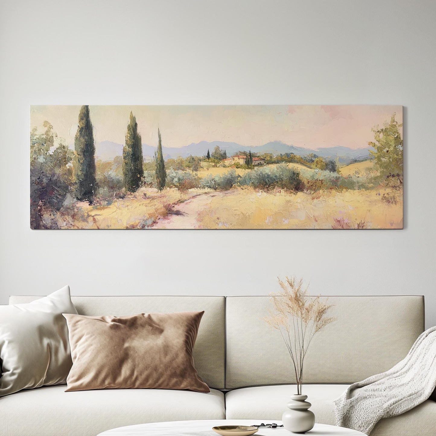 Tuscan Cypress Tree Canvas Art | Impasto Painting Print | Mediterranean Living Room Wall Art For Living Room Panoramic Wall Art