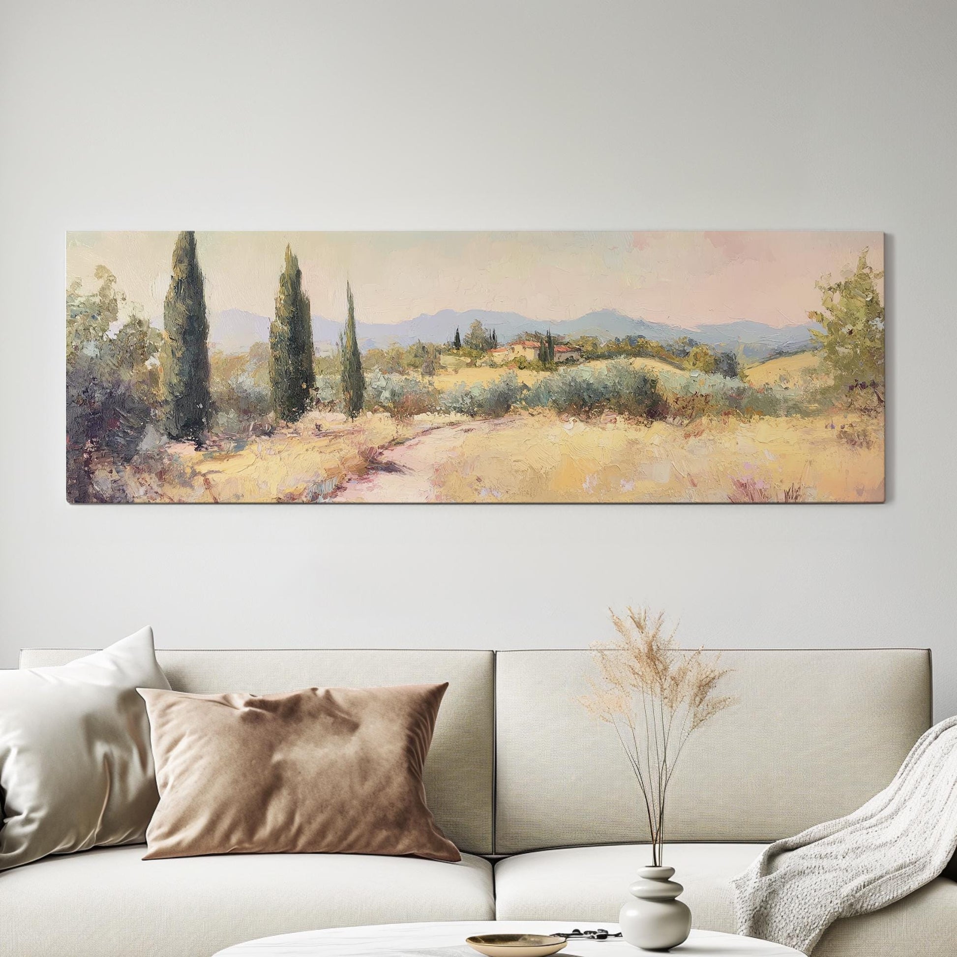 Tuscan Cypress Tree Canvas Art | Impasto Painting Print | Mediterranean Living Room Wall Art For Living Room Panoramic Wall Art