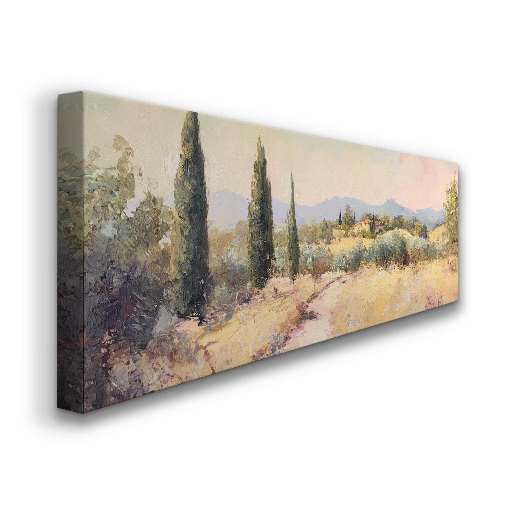 Tuscan Cypress Tree Canvas Art | Impasto Painting Print | Mediterranean Living Room Wall Art For Living Room Panoramic Wall Art