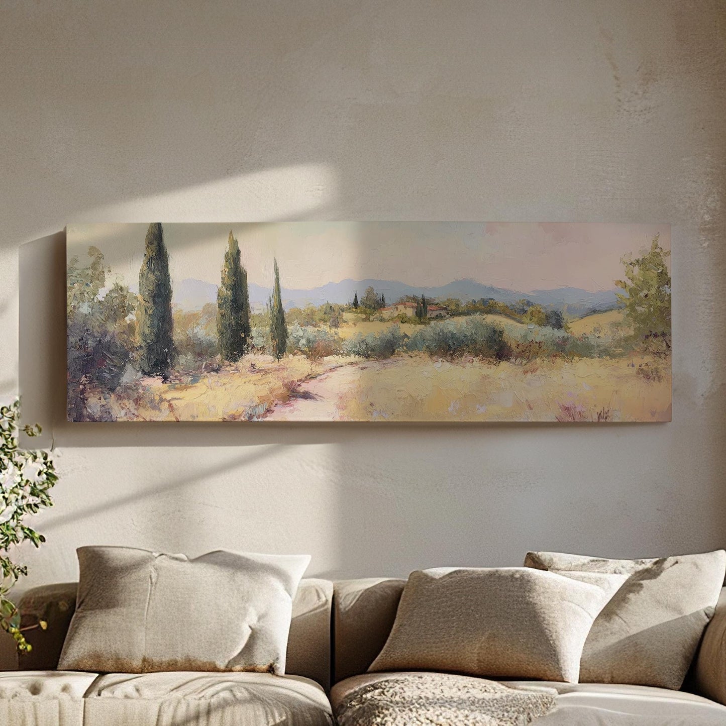 Tuscan Cypress Tree Canvas Art | Impasto Painting Print | Mediterranean Living Room Wall Art For Living Room Panoramic Wall Art