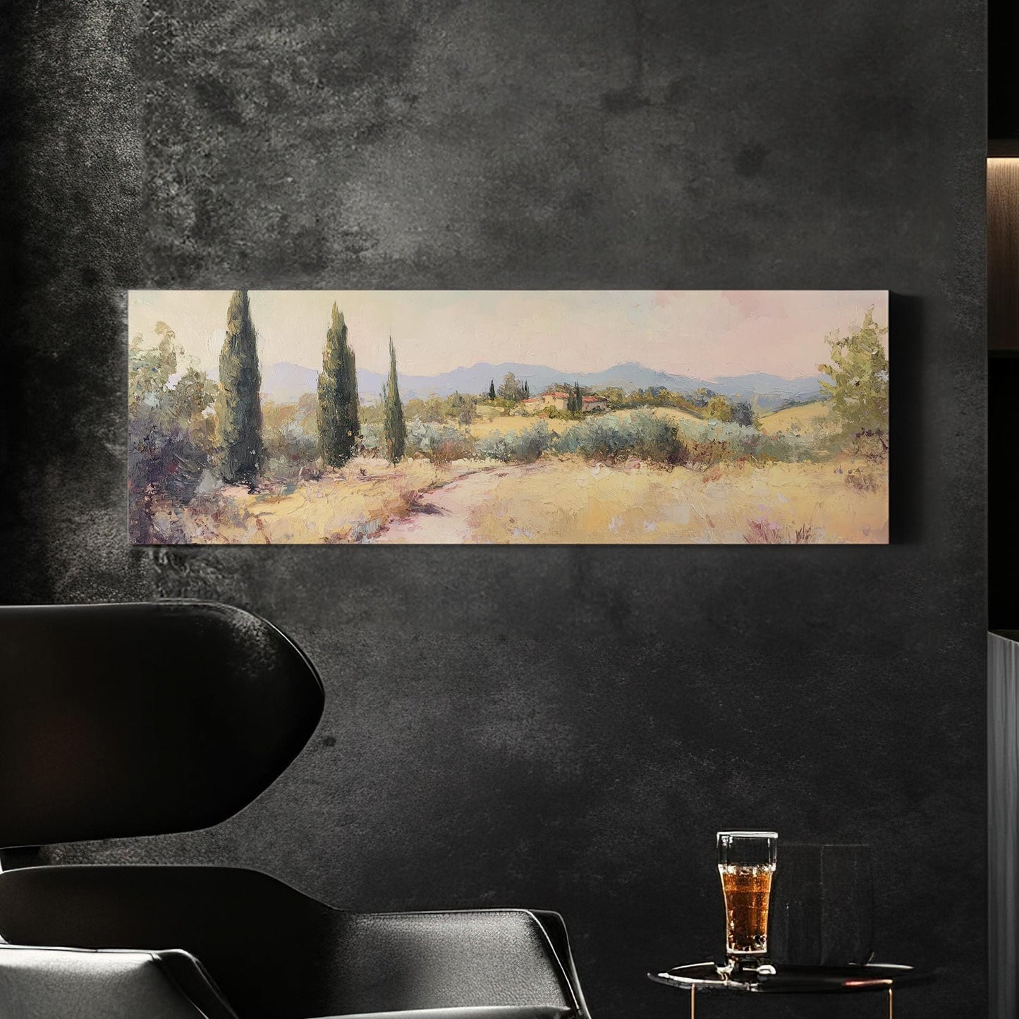 Tuscan Cypress Tree Canvas Art | Impasto Painting Print | Mediterranean Living Room Wall Art For Living Room Panoramic Wall Art