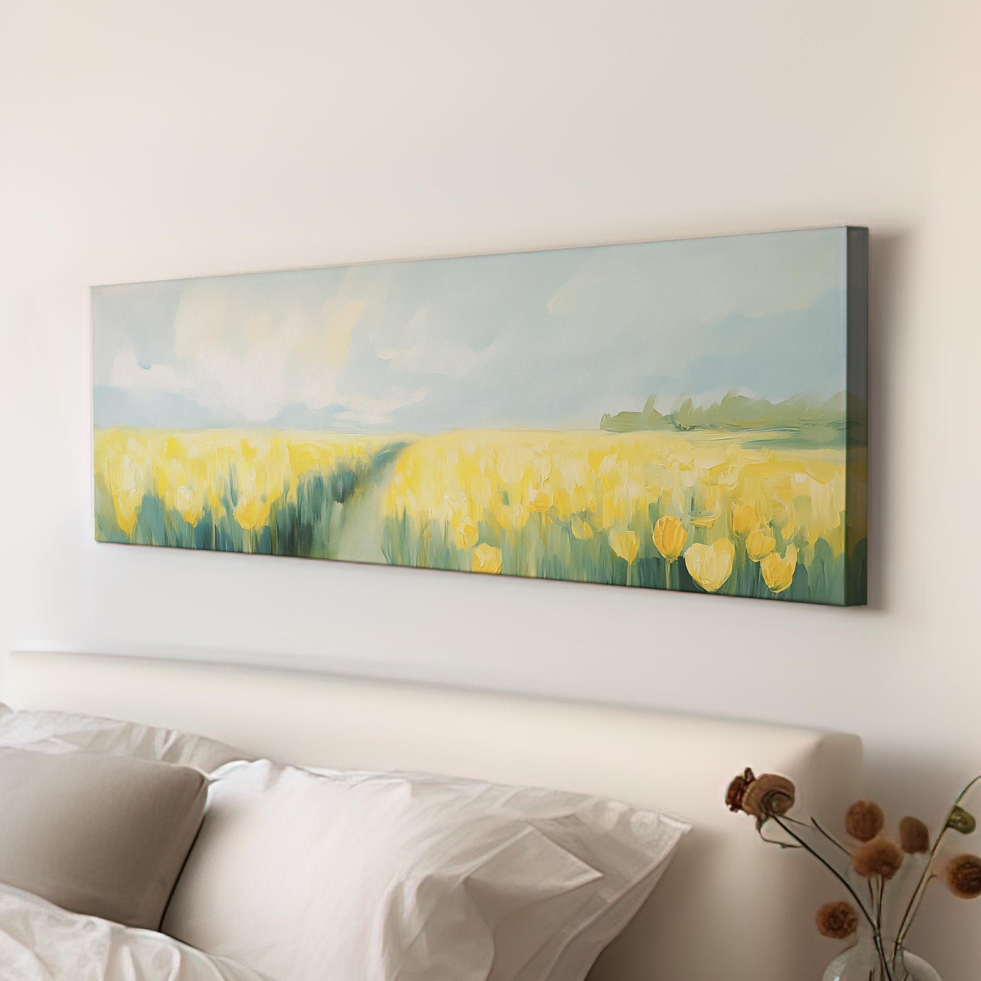 Tulip Field Canvas Art | Impressionistic Impasto Print | Coastal Farmhouse Wall Art For Living Room | Spring Meadow Art Panoramic Wall Art