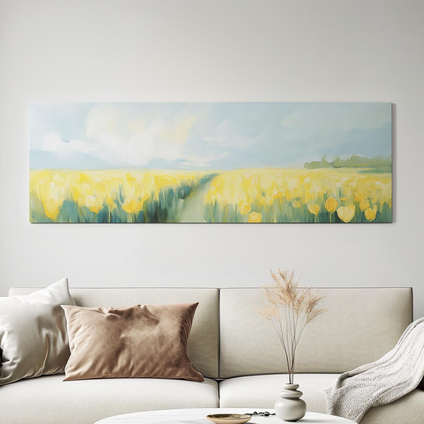 Tulip Field Canvas Art | Impressionistic Impasto Print | Coastal Farmhouse Wall Art For Living Room | Spring Meadow Art Panoramic Wall Art