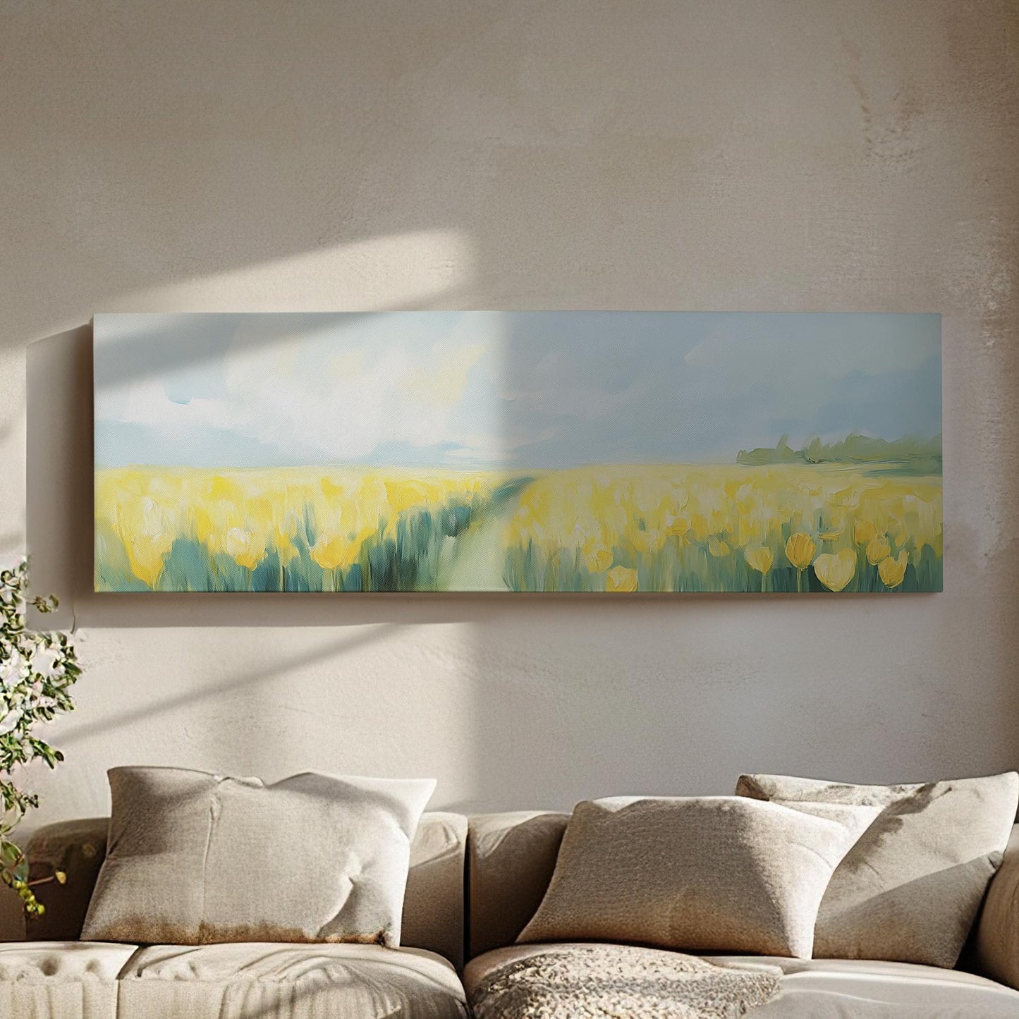 Tulip Field Canvas Art | Impressionistic Impasto Print | Coastal Farmhouse Wall Art For Living Room | Spring Meadow Art Panoramic Wall Art