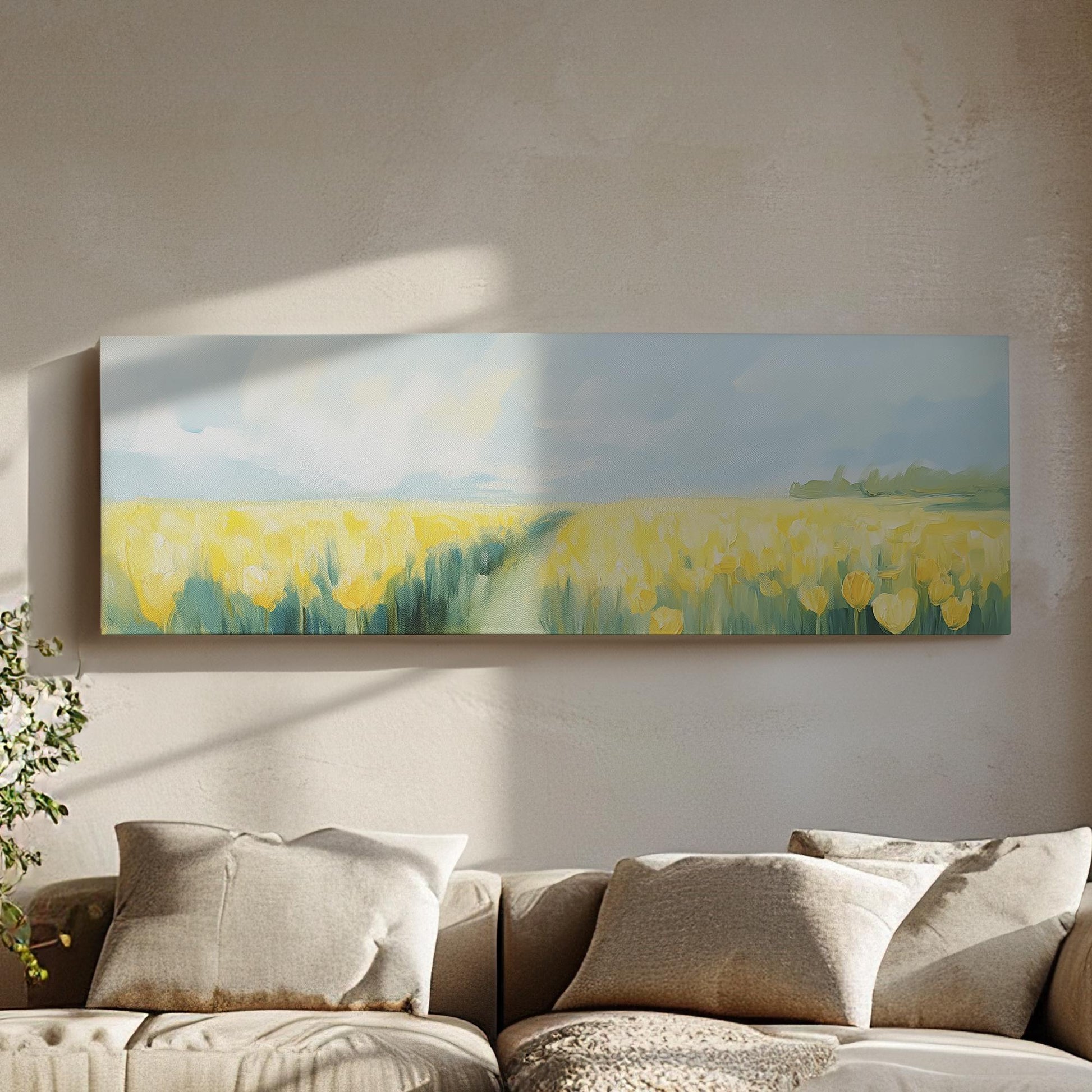 Tulip Field Canvas Art | Impressionistic Impasto Print | Coastal Farmhouse Wall Art For Living Room | Spring Meadow Art Panoramic Wall Art
