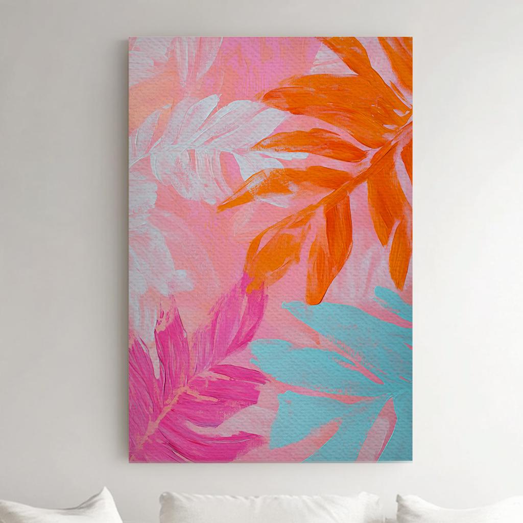 Tropical Palm Leaves Canvas Art | Impasto Painting Print | Bohemian Wall Art For Living Room | Coral Peach Art Vertical Canvas