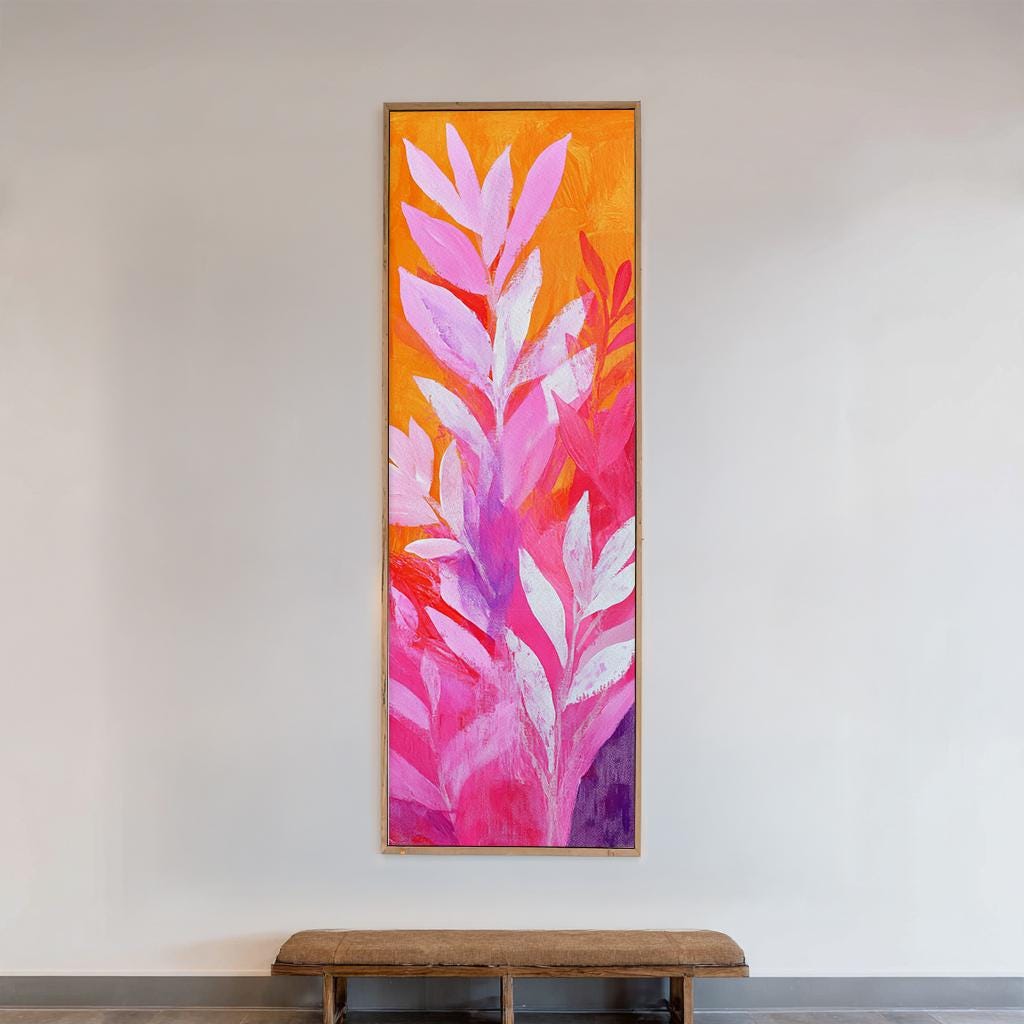 Tropical Foliage Canvas Art | Impasto Print | Bohemian Wall Art For Living Room | Tangerine Rose Art Long Vertical Art