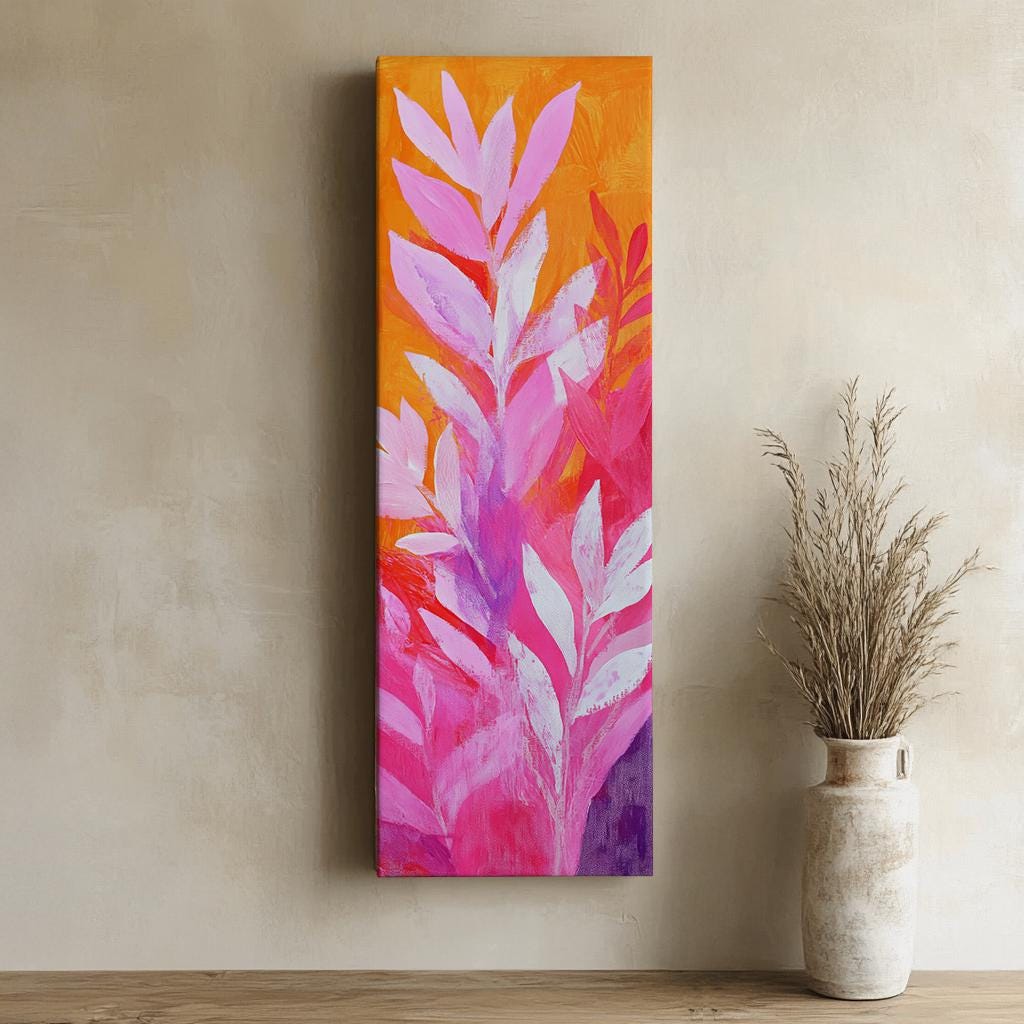 Tropical Foliage Canvas Art | Impasto Print | Bohemian Wall Art For Living Room | Tangerine Rose Art Long Vertical Art