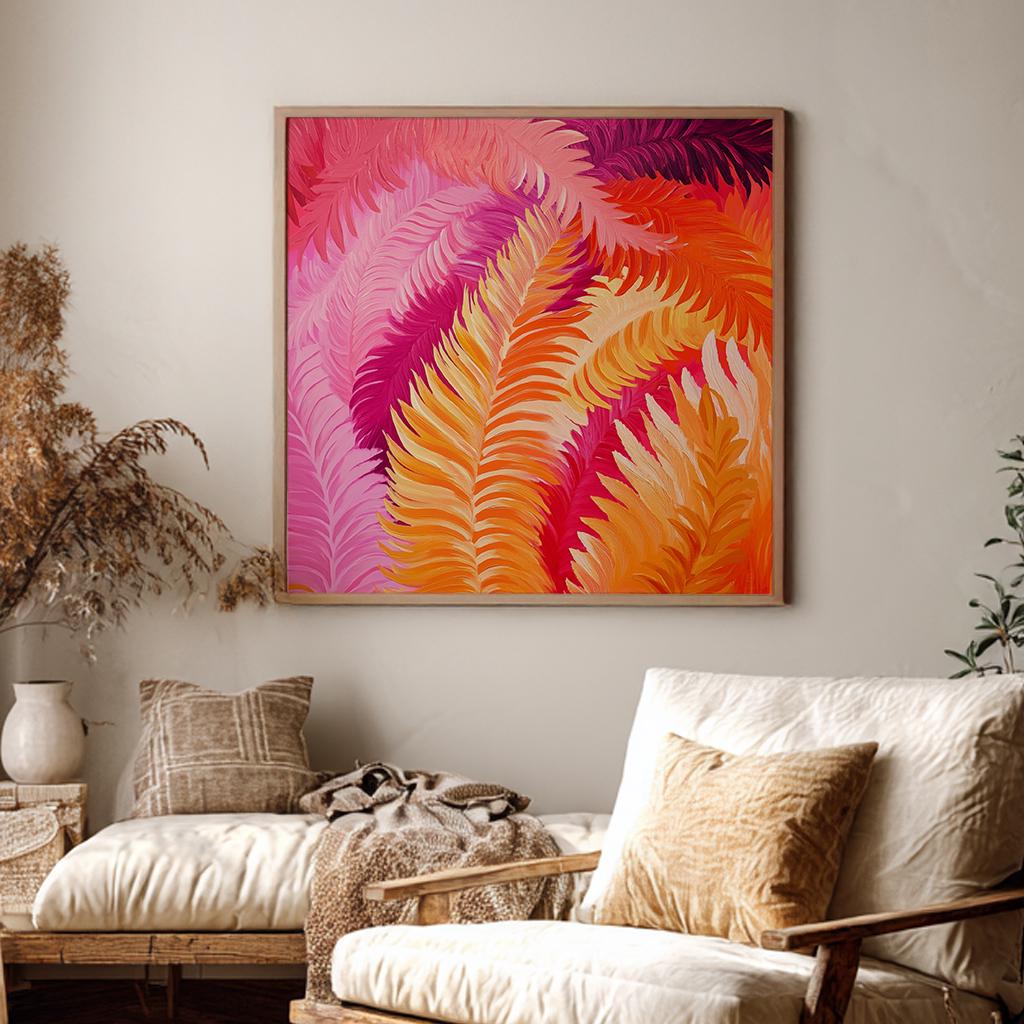 Tropical Fern Canvas Art | Impasto Print | Bohemian Wall Art For Living Room | Sunset Coral Art | Modern Maximalist Decor Square Canvas Art