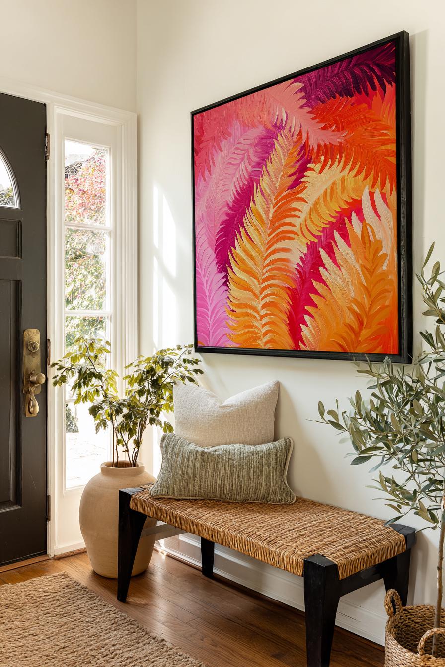 Tropical Fern Canvas Art | Impasto Print | Bohemian Wall Art For Living Room | Sunset Coral Art | Modern Maximalist Decor Square Canvas Art