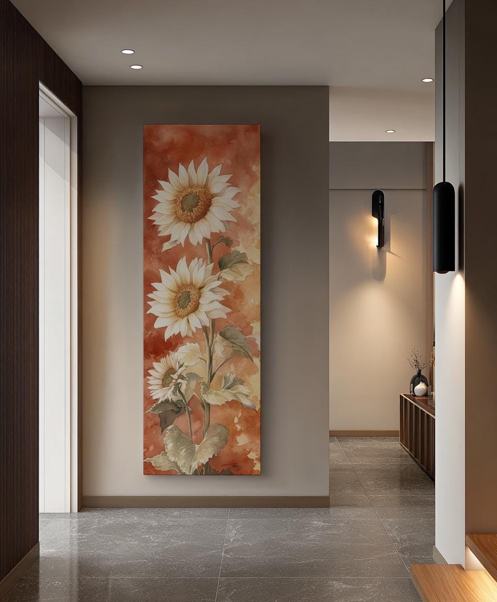 Triple Sunflower Watercolor Canvas Art | Botanical Illustration Print | Modern Farmhouse Wall Art For Living Room Long Vertical Art