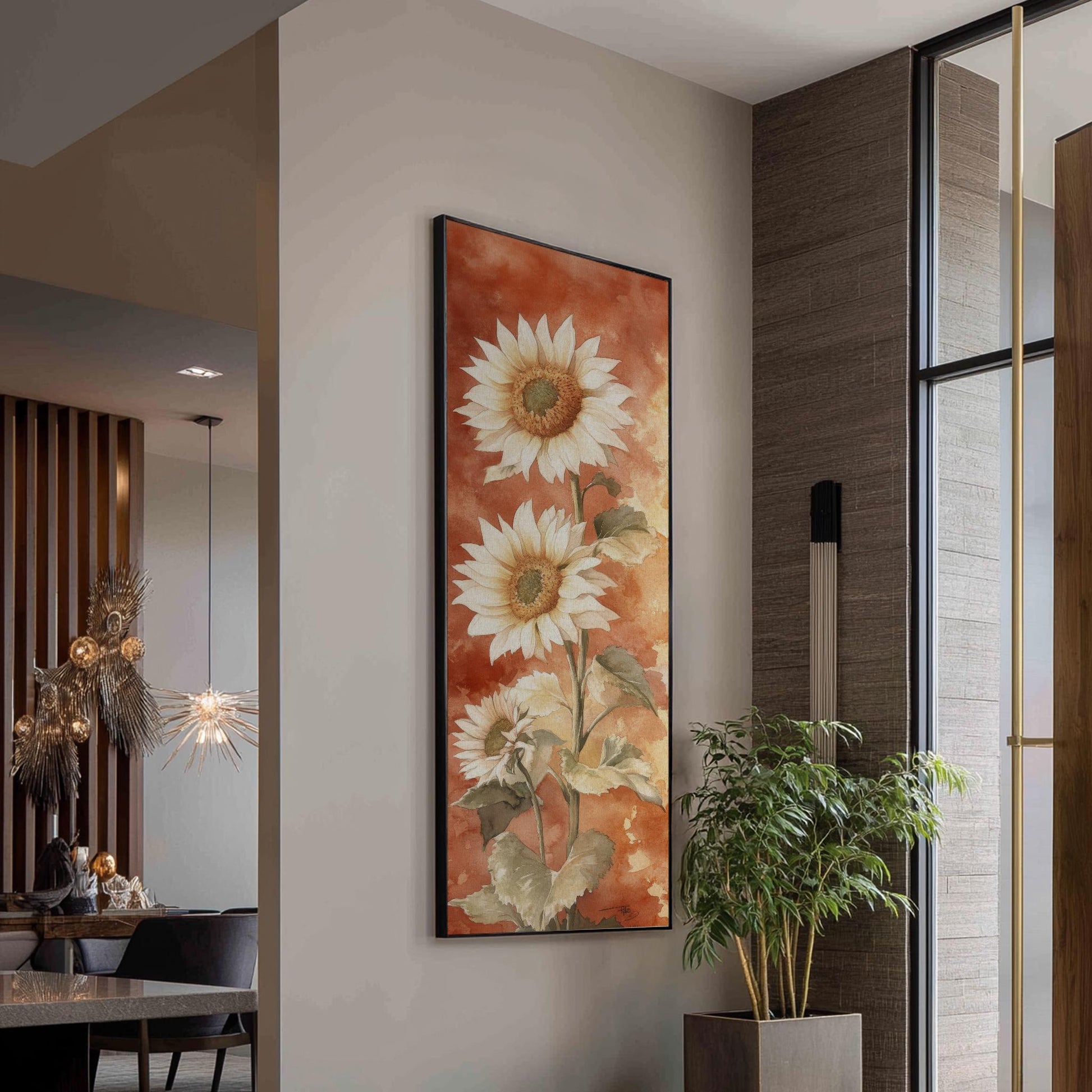 Triple Sunflower Watercolor Canvas Art | Botanical Illustration Print | Modern Farmhouse Wall Art For Living Room Long Vertical Art