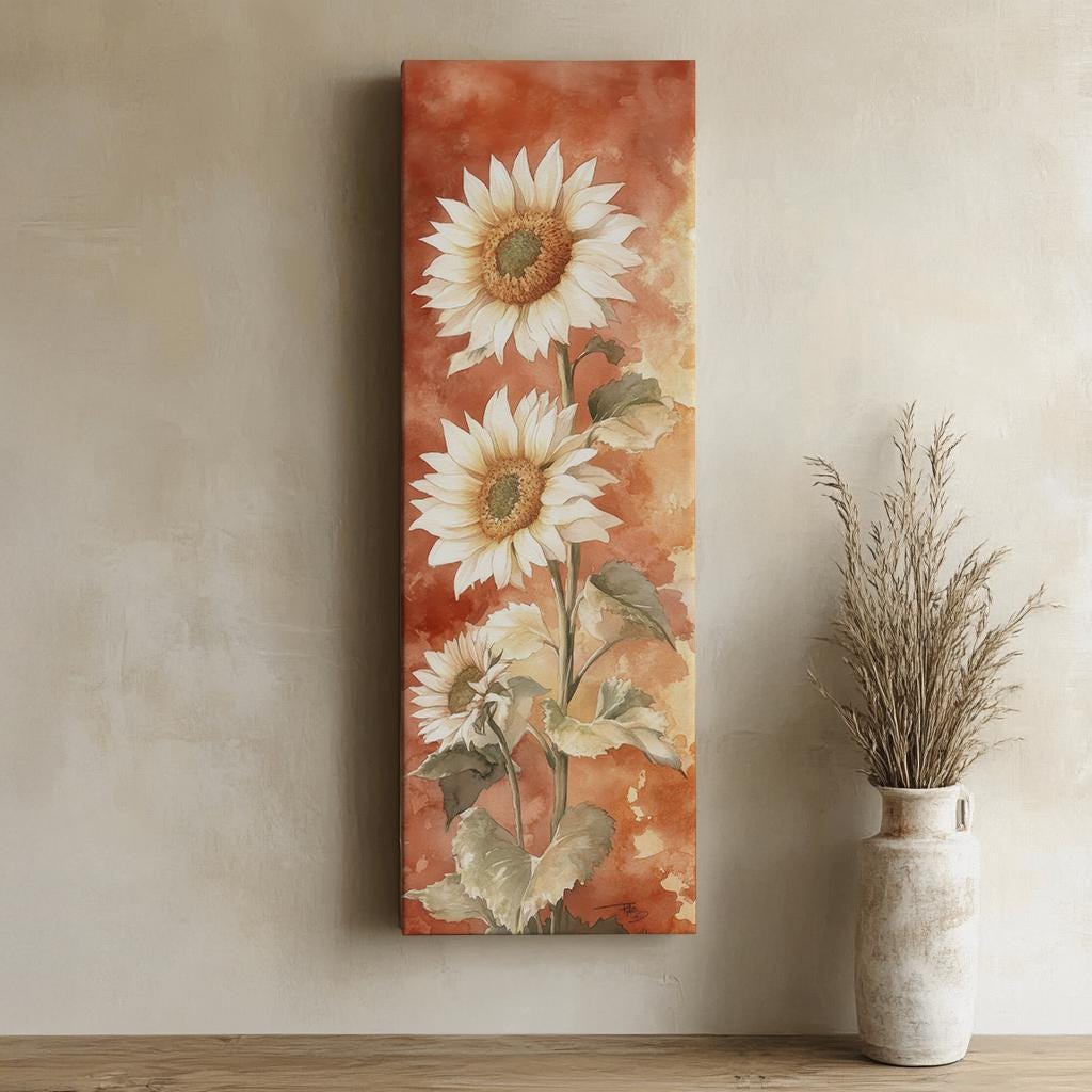 Triple Sunflower Watercolor Canvas Art | Botanical Illustration Print | Modern Farmhouse Wall Art For Living Room Long Vertical Art