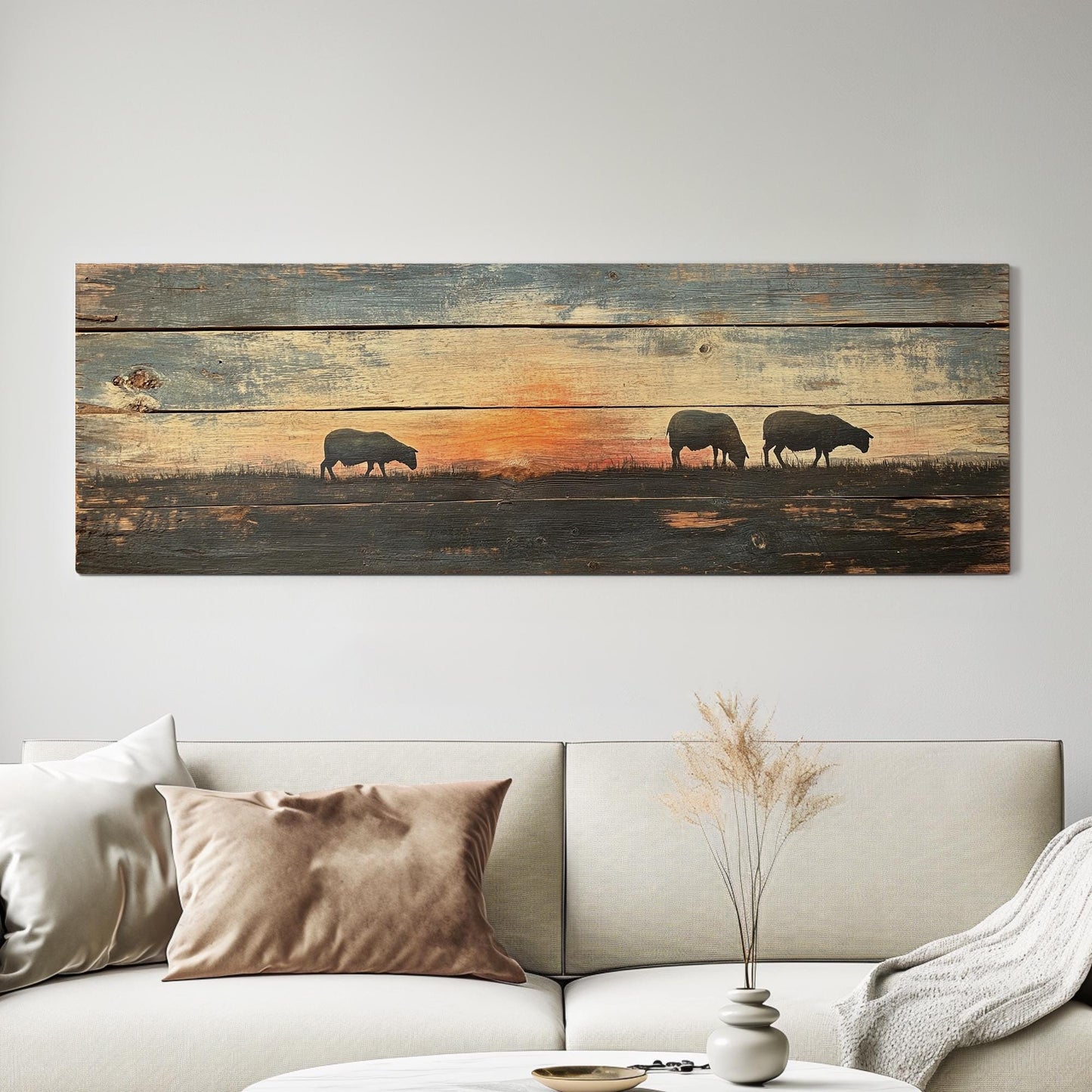 Tranquil Sunset Sheep Canvas Art | Silhouette Print | Bohemian Wall Art For Living Room | Warm Ember Art Panoramic Wall Art
