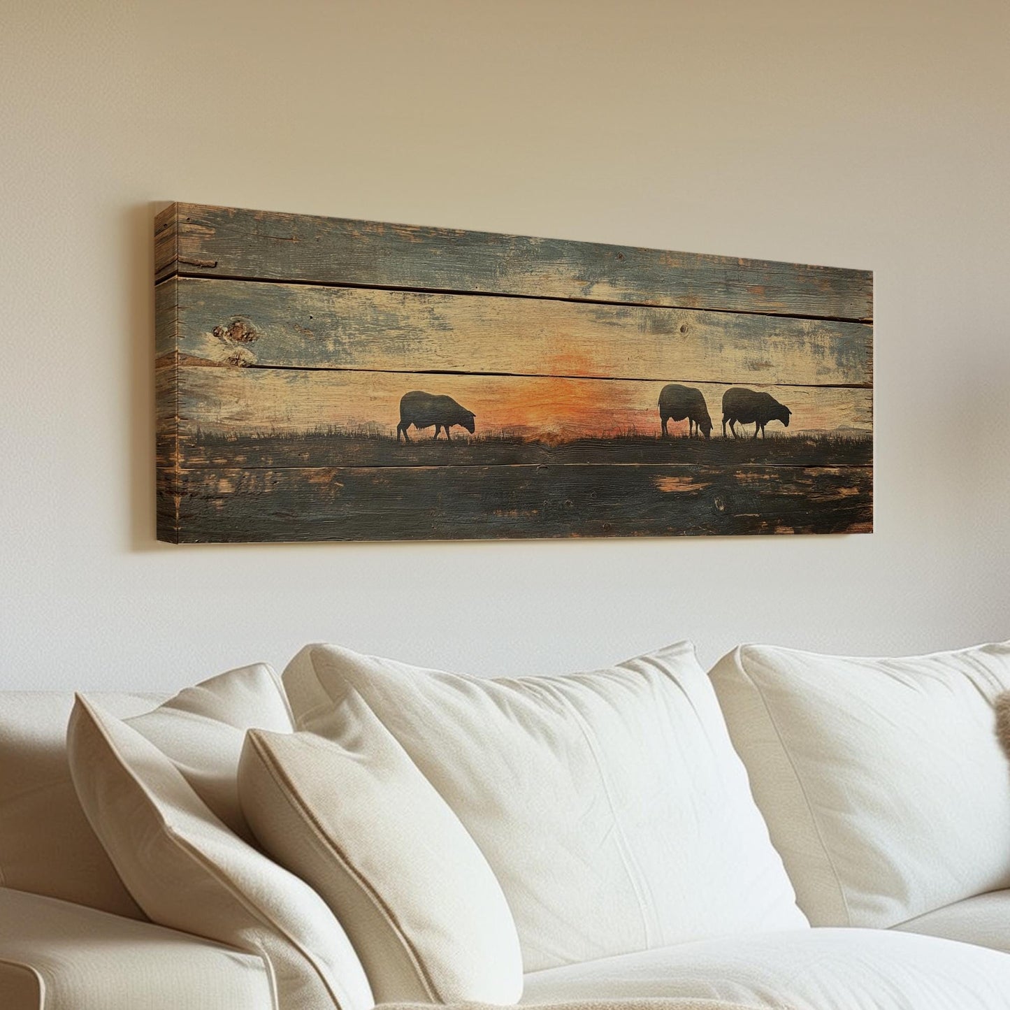 Tranquil Sunset Sheep Canvas Art | Silhouette Print | Bohemian Wall Art For Living Room | Warm Ember Art Panoramic Wall Art