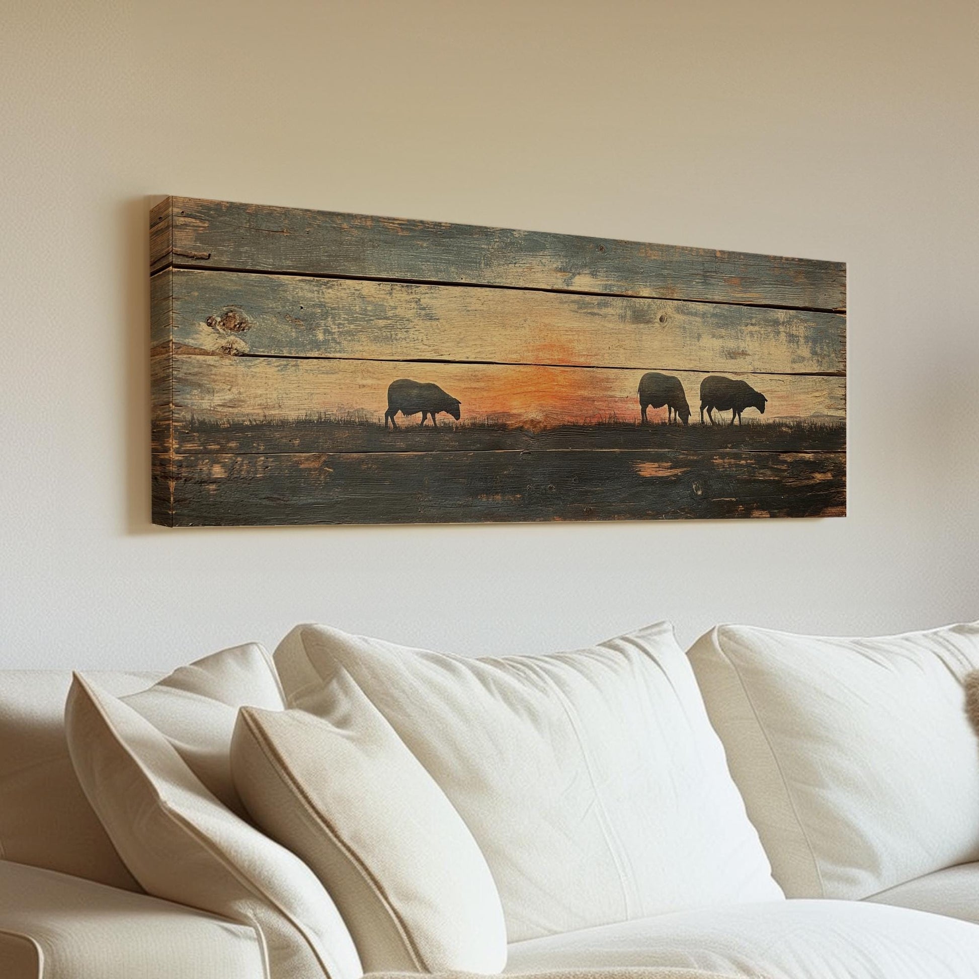 Tranquil Sunset Sheep Canvas Art | Silhouette Print | Bohemian Wall Art For Living Room | Warm Ember Art Panoramic Wall Art