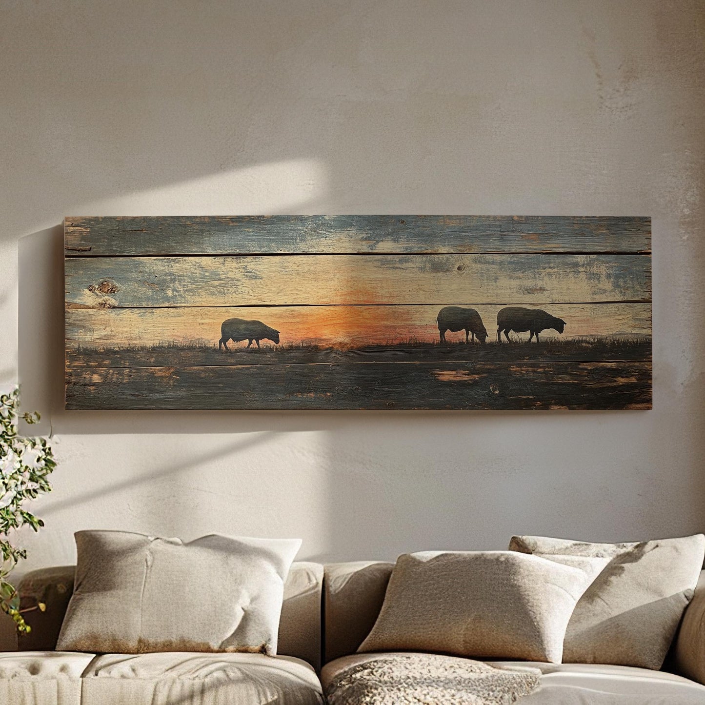 Tranquil Sunset Sheep Canvas Art | Silhouette Print | Bohemian Wall Art For Living Room | Warm Ember Art Panoramic Wall Art
