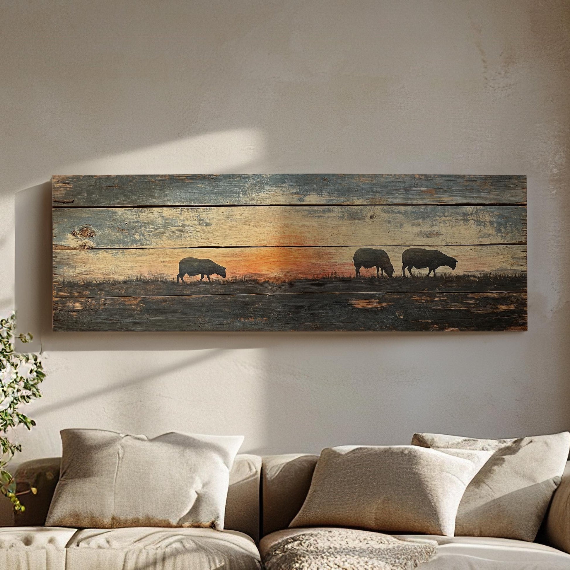 Tranquil Sunset Sheep Canvas Art | Silhouette Print | Bohemian Wall Art For Living Room | Warm Ember Art Panoramic Wall Art